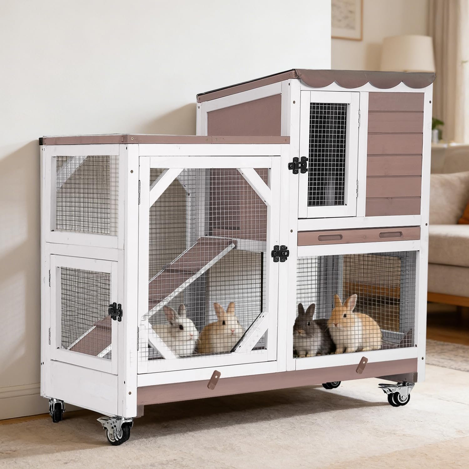 GUTINNEEN Wooden 2-Story Rabbit Hutch Indoor Outdoor – Rabbit Cage with 4 Wheels, 2 Easy-Clean Pull-Out Trays, 5 Access Doors & Chew-Proof Ramp for Rabbits, Guinea Pigs (Brown)
