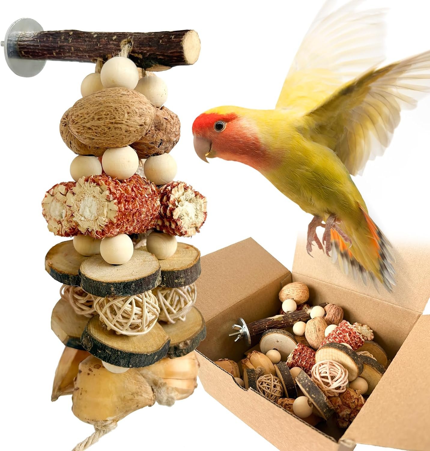 Bird Chew Toy – Natural Apple Wood Corn Cob Parrot Chew Toy, Multi-Functional Cage Hanging Foraging Toy for Budgies, Cockatiels, Conures, Lovebirds & Other Small Medium Birds