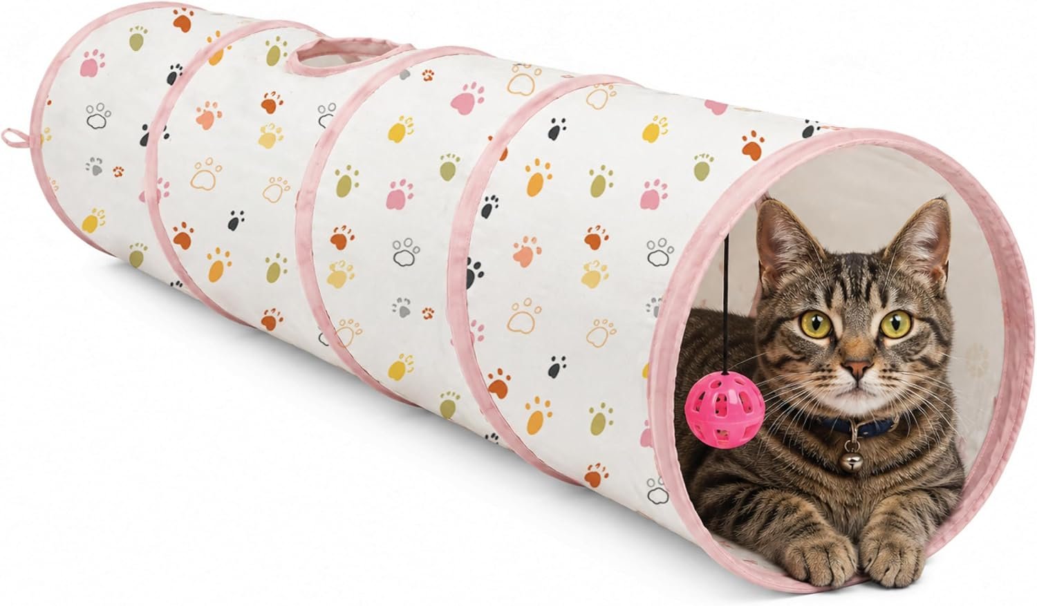 ASPCA Cat Tunnel with Rattle Toy – Interactive Collapsible Cat Tunnel for Indoor Cats, Crinkle Play Tunnel with Hanging Rattle Toy, Encourages Hiding, Chasing, Pouncing & Active Play, Paw Printed