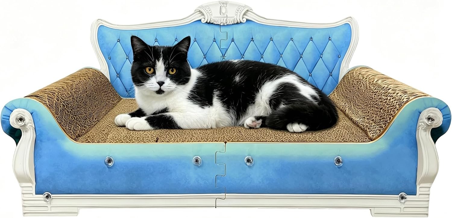 Luxury Cardboard Cat Scratcher Sofa Bed, Couch Shaped Scratching Board, Scratch Lounge with Catnip Toy, Cat Scratcher for Indoor Cats Large Blue 25.4″x12″