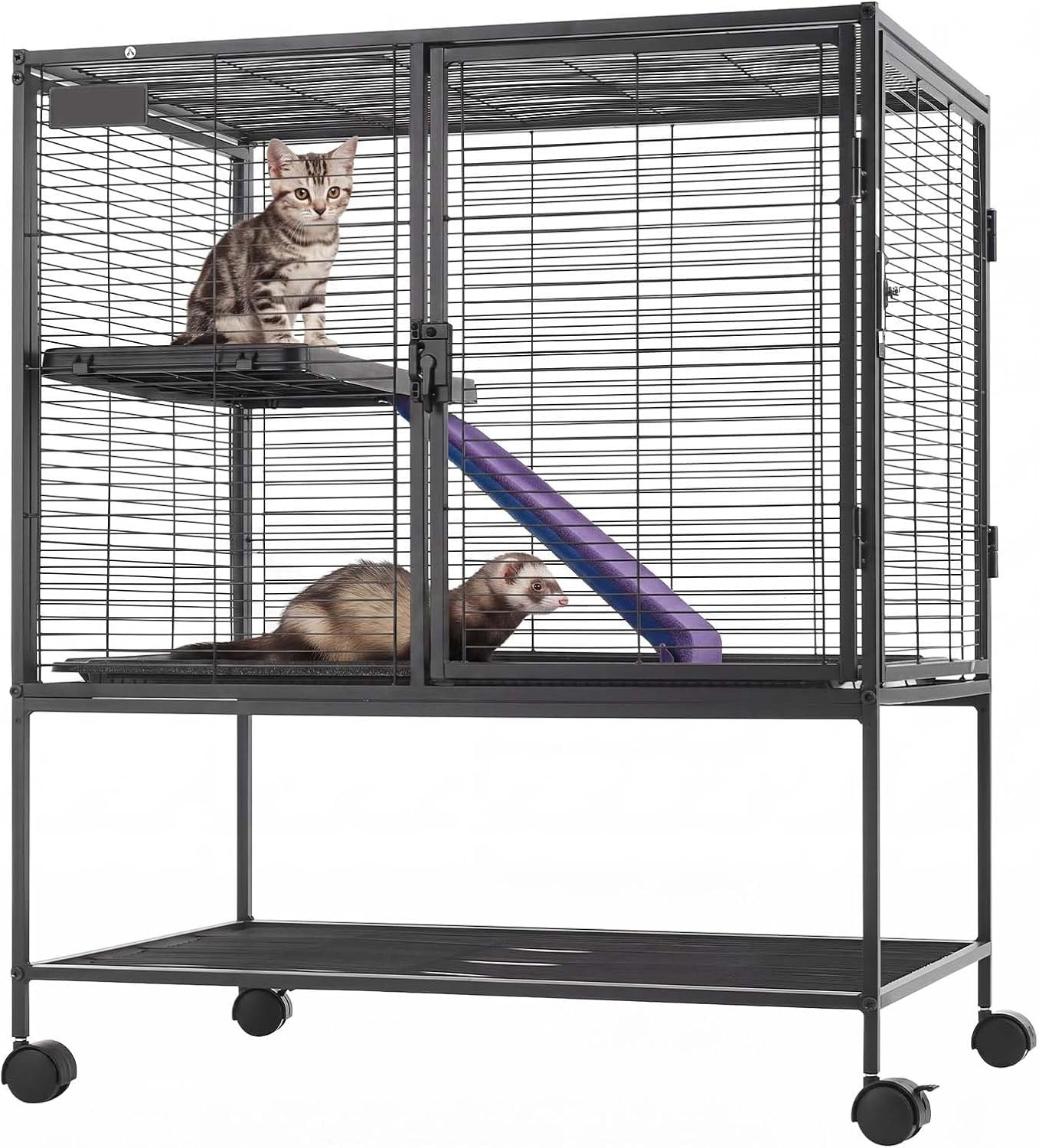 VEVOR Metal Small Animal Cage 36.22″H 2-Tier Rolling Ferret Cage On Wheels, 0.55″ Wire Spacing Large Cages with Ramp, Tray, Bottom Shelf, Doors for Ferret, Chinchilla, Sugar Glider, Guinea Pig, Rabbit