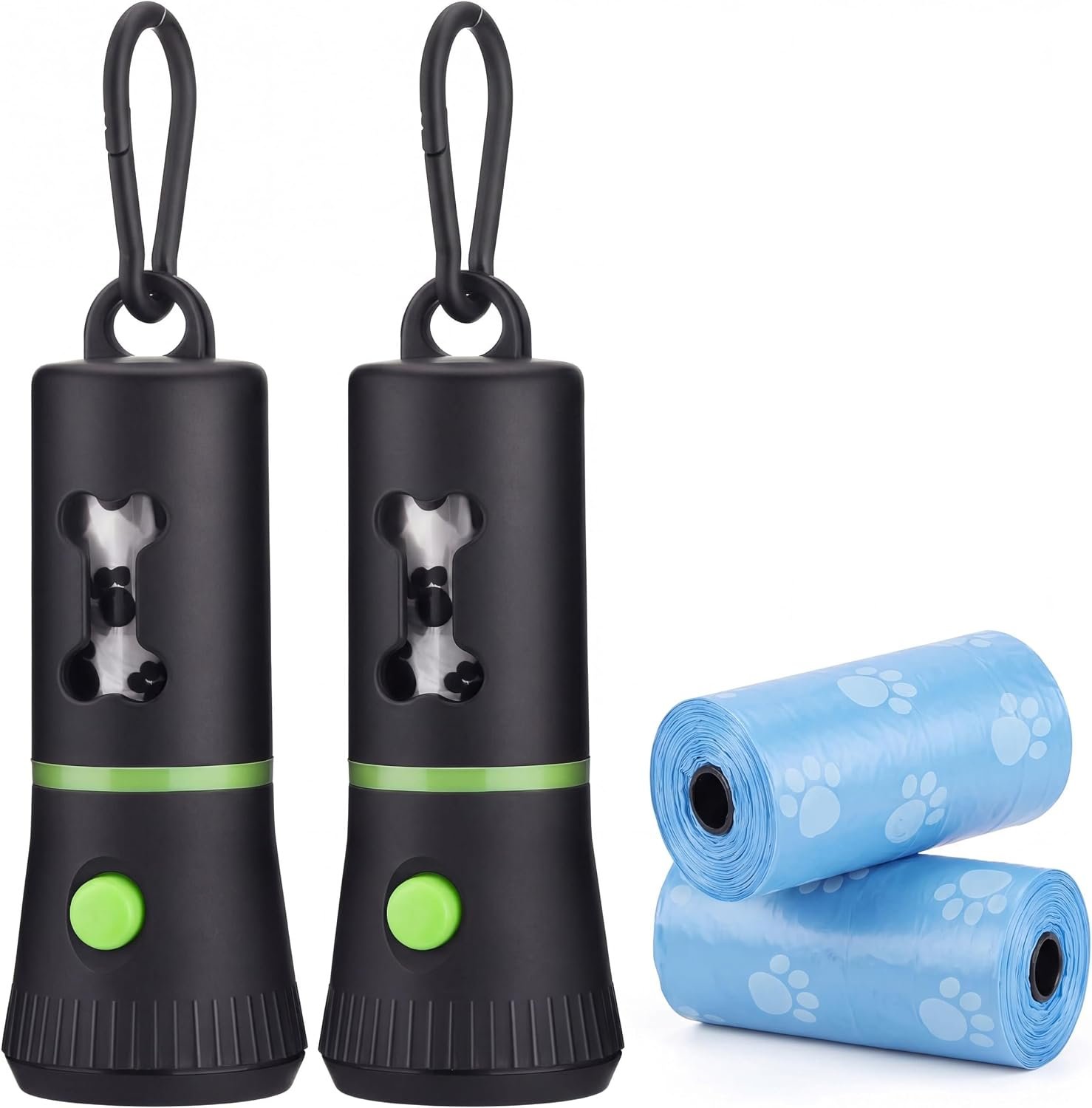 Mudder 2 Pack Dog Poop Bag Holder with LED Light, Leash Clip & 2 Rolls