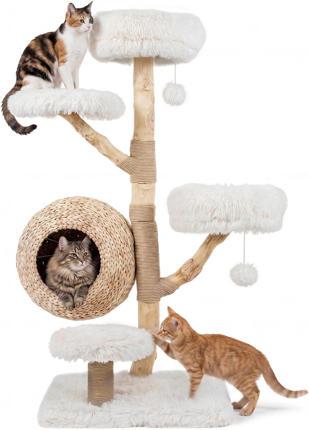PETSITE 53-inch Wood Cat Tree, Multi-Level Modern Wooden Cat Tower, White