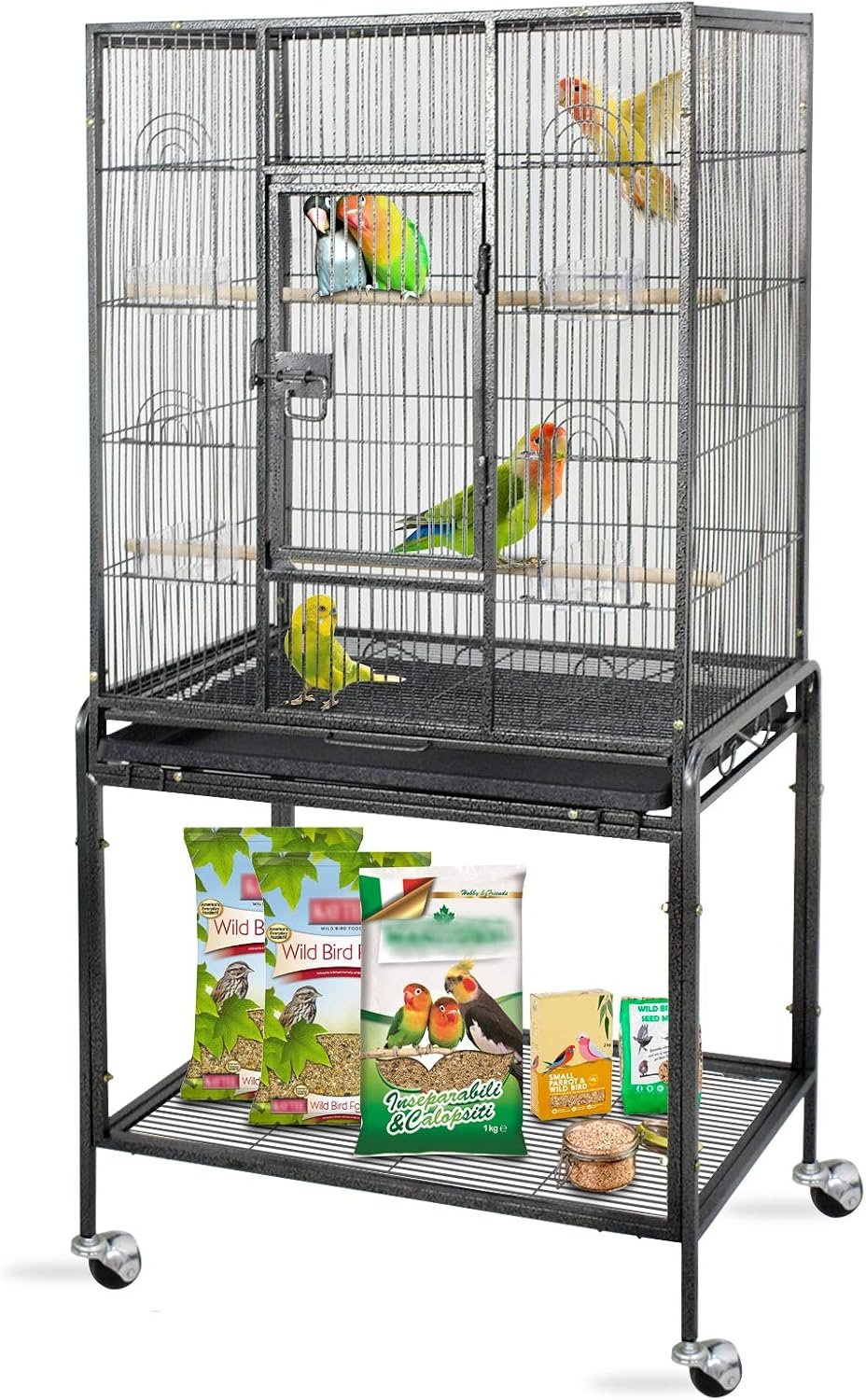 53-Inch Standing Wrought Iron Birdcage Large Parrot Flight Bird Cage with Rolling Stand Birdcages for Cockatiels African Grey Quaker Lovebird Canary Budgie Finch