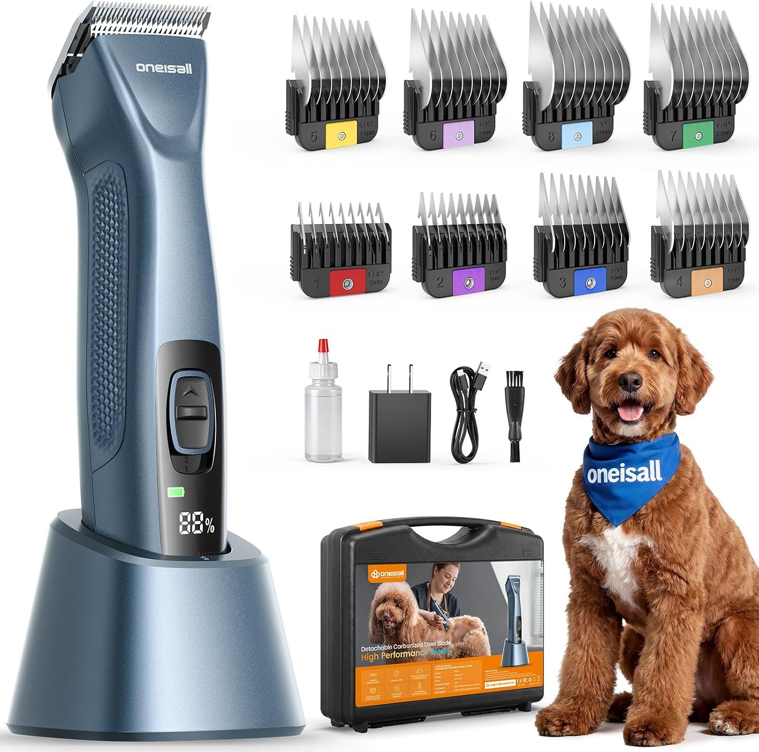oneisall Professional Dog Clippers 8 Metal Combs with Carring Case