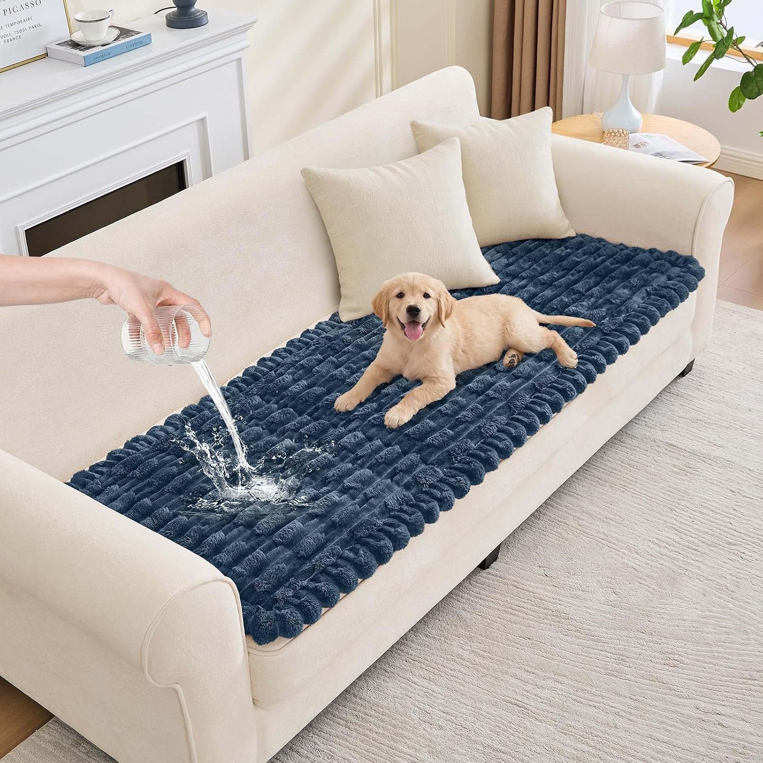 Waterproof Dog Couch Cover, Non Slip Pet Sofa Protector, Thick Fuzzy Couch Cover for Dogs, Machine Washable Furniture Protector, Scratch Resistant Pet Couch Mat(Berlin Blue, 28″ x 59″/70 x 150cm)