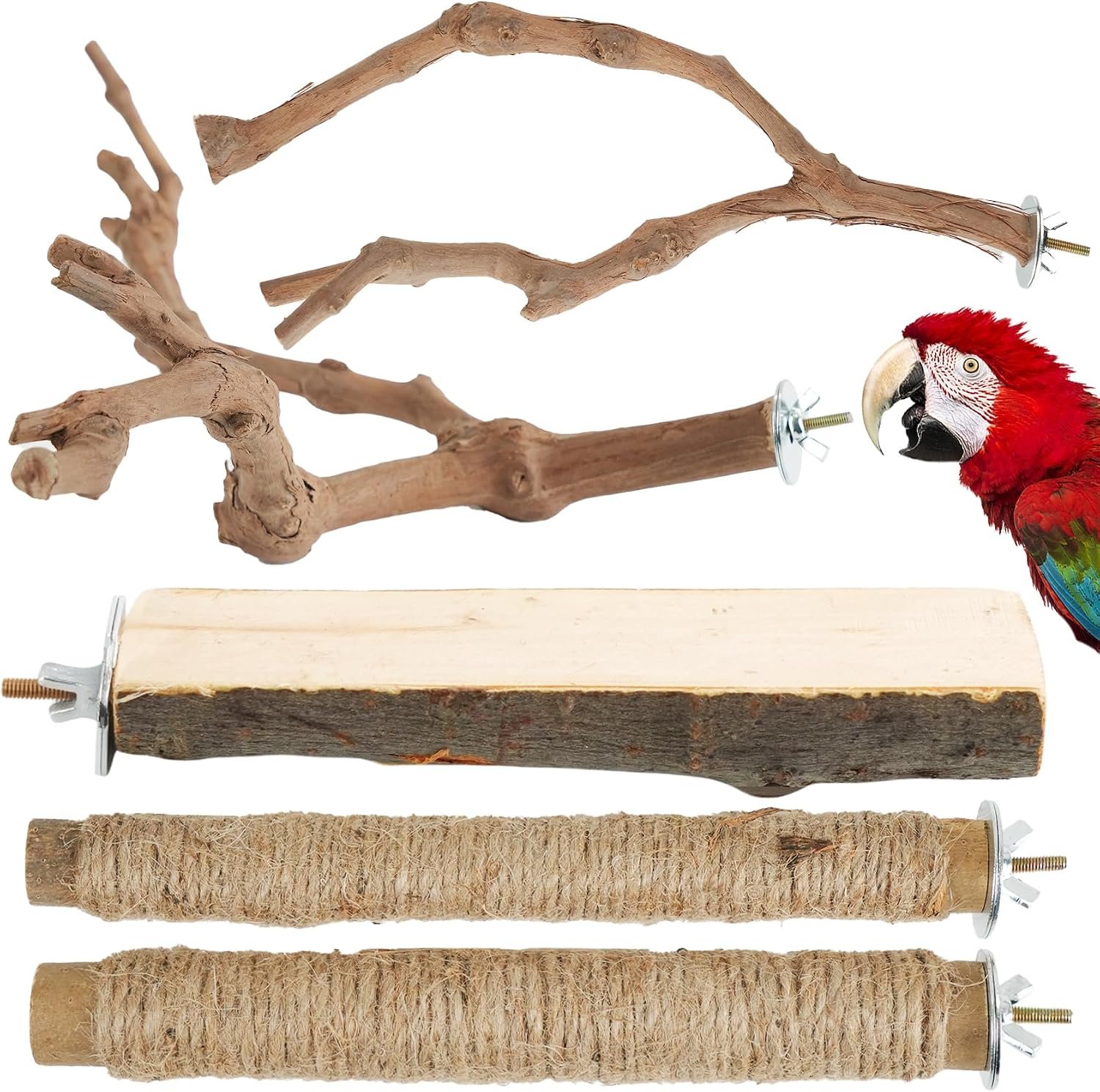 Bird Perch Stand, Pole Standing Natural Wood Bird Perch Set 5PCS Paw Grinding Fork Parrot Cage Branch with Rope for Macaw African Grey Amazon Pet Medium Birds Cage Accessories