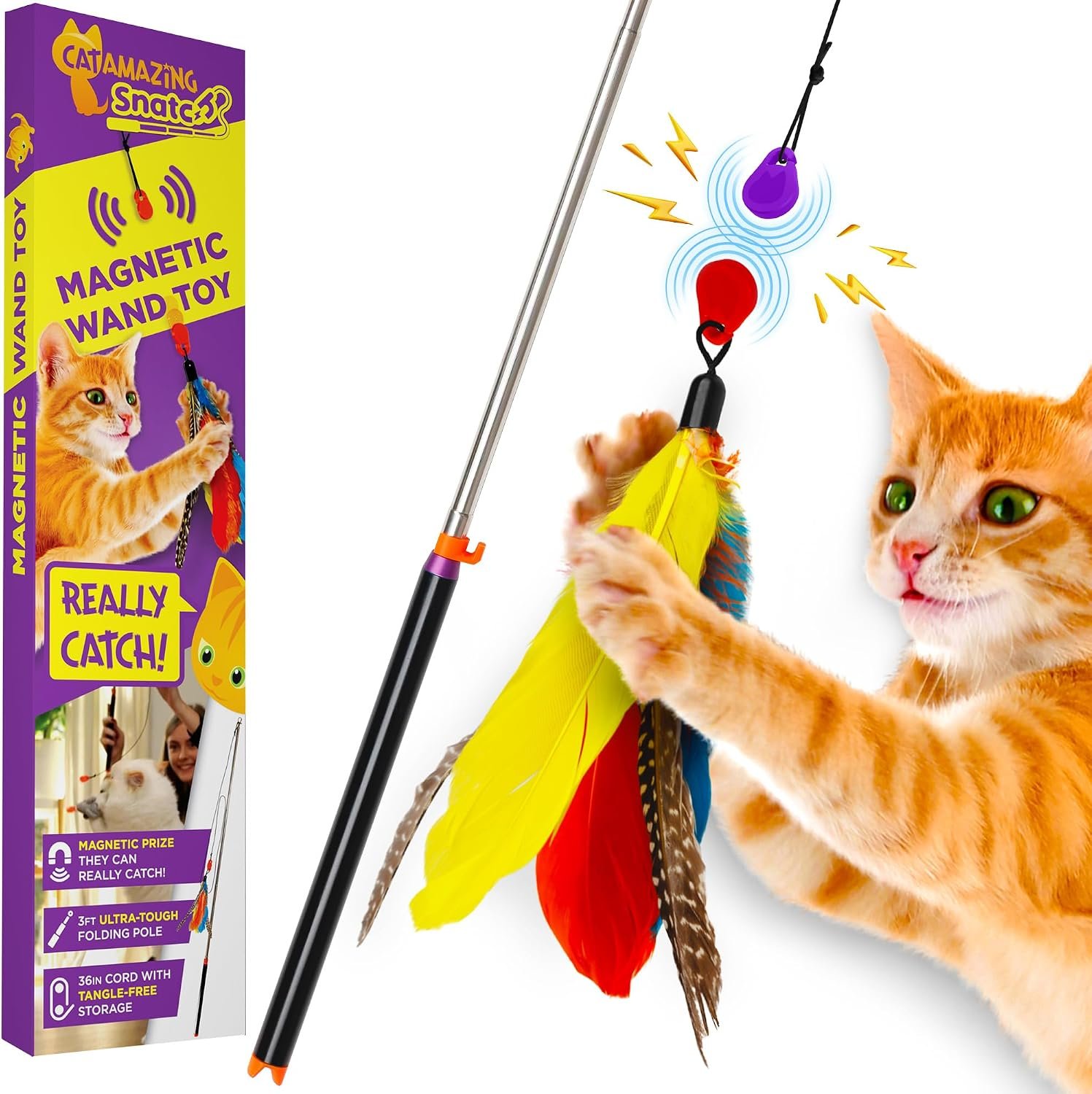 Cat Amazing Snatch – Magnetic Cat Wand Toy! Telescoping, Durable Feather Toy for Cats – Fishing Pole & Teaser Wand String Stick – Cats Can Really Catch!
