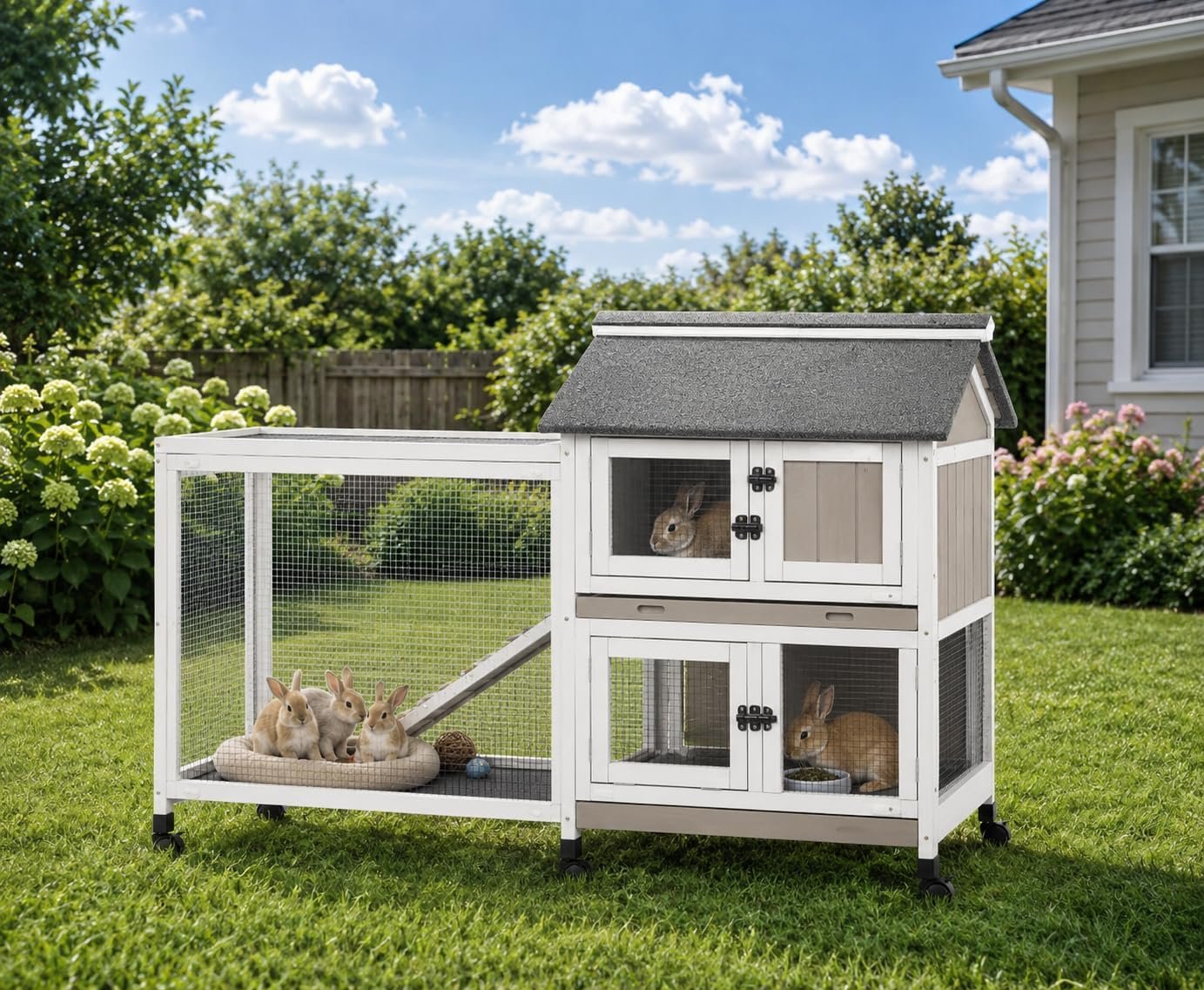 59′ Rabbit Hutch Indoor Bunny Cage, with 3 Leak-Proof Removable Trays, Expandable 2-Story Wooden Waterproof Roof Bunny House Outdoor Chicken Coop