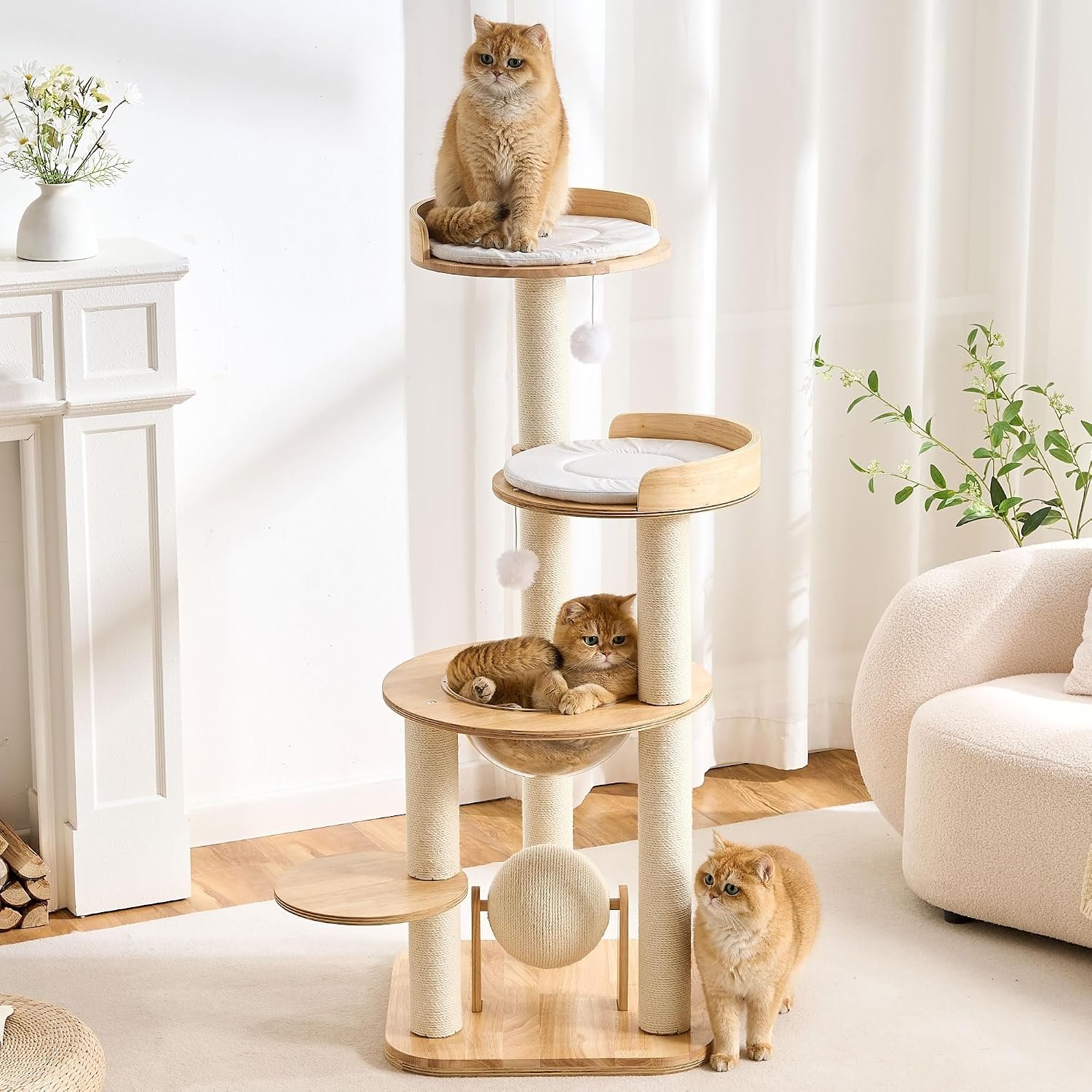 797Audio Modern Solid Wood Cat Tree Tower, 49″ Tall Cat Tree with Sisal Scratching Posts for Adult Cats, Luxury Natural Oak Wooden Cat Tower,Aesthetic Multi-Level Cat Climbing Tree for Indoor Cat