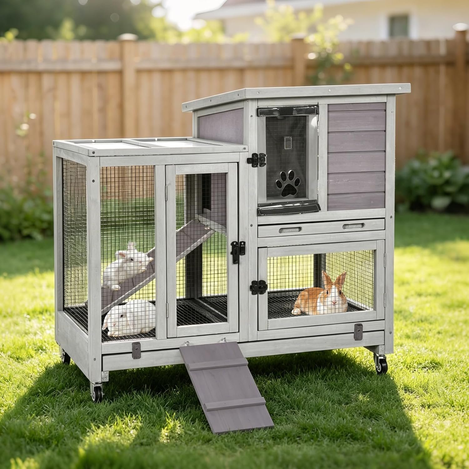 Aivituvin 2-Story Rabbit Cage, Bunny Hutch with Weels, Indoor Outdoor, Gray 40.6″ L