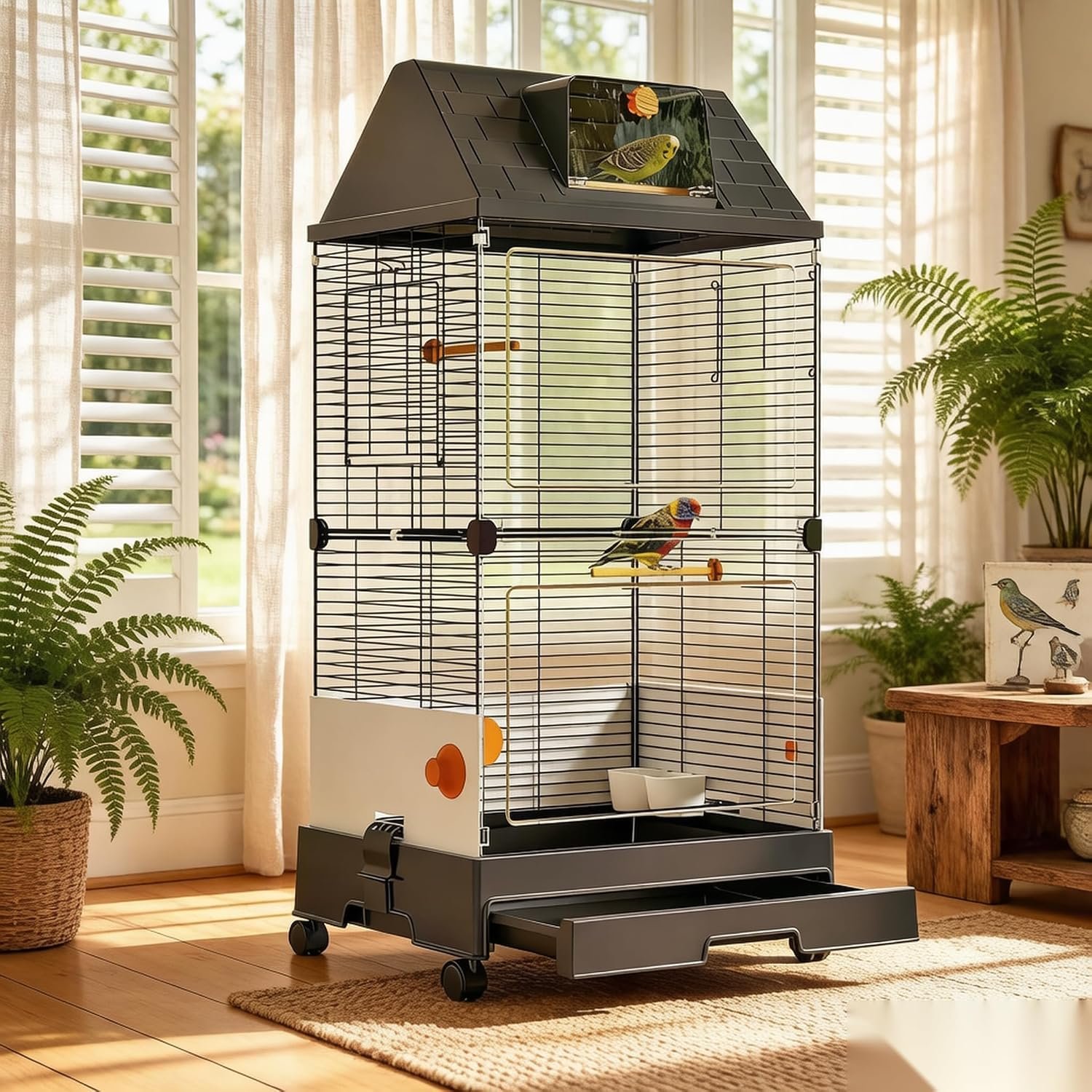 Oneluck Modern Bird Cage with Panoramic View, 38.5″ H Bird Aviary for Small to Medium Birds,Birdcage with Easy Clean Tray for Parakeet,Cockatiel,Budgie,Parakeet,Canary,Finch,Quail,Lovebird,Conure