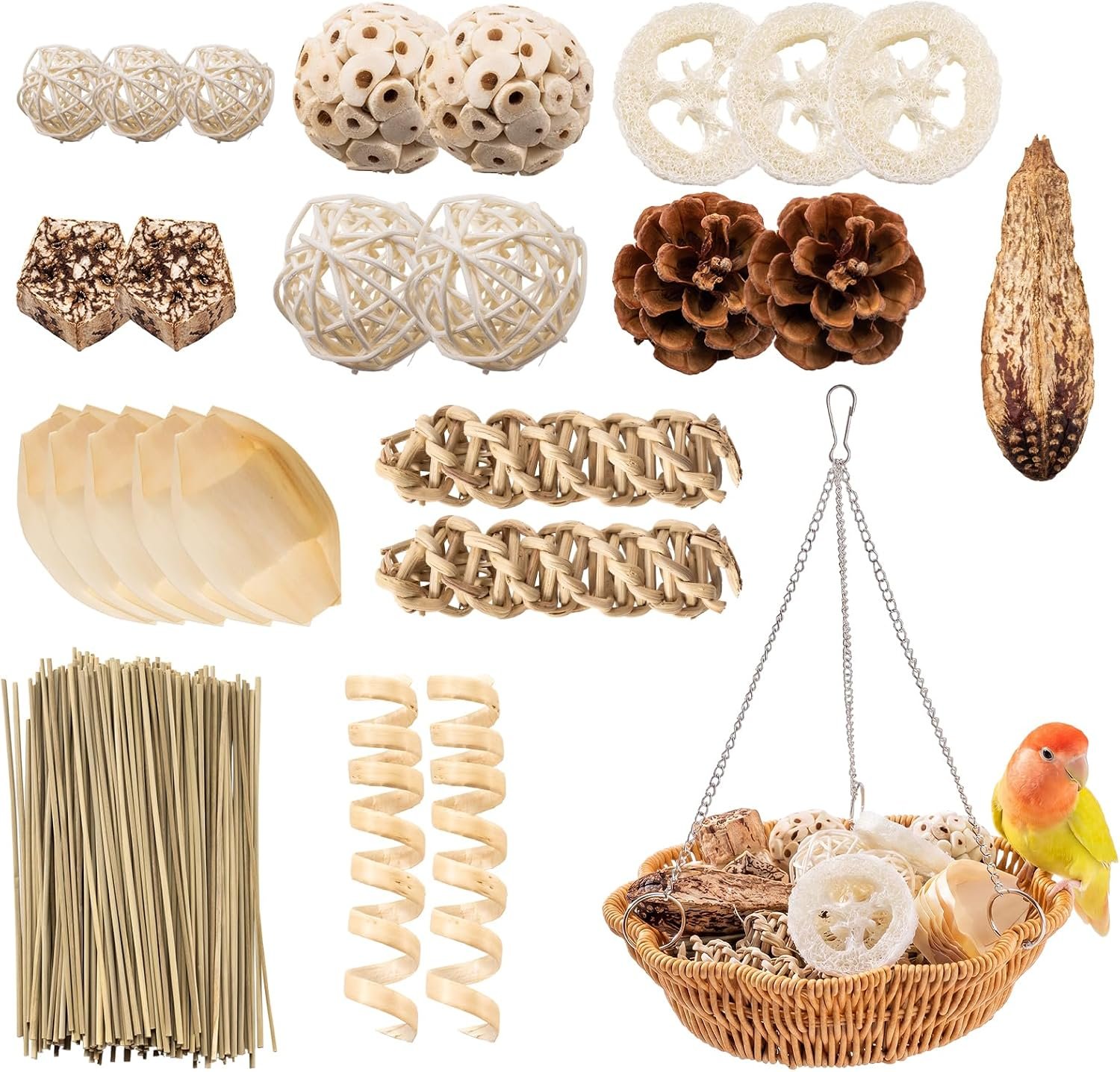 26 PCS Bird Foraging Toys Set with Hanging Rattan Basket Swing