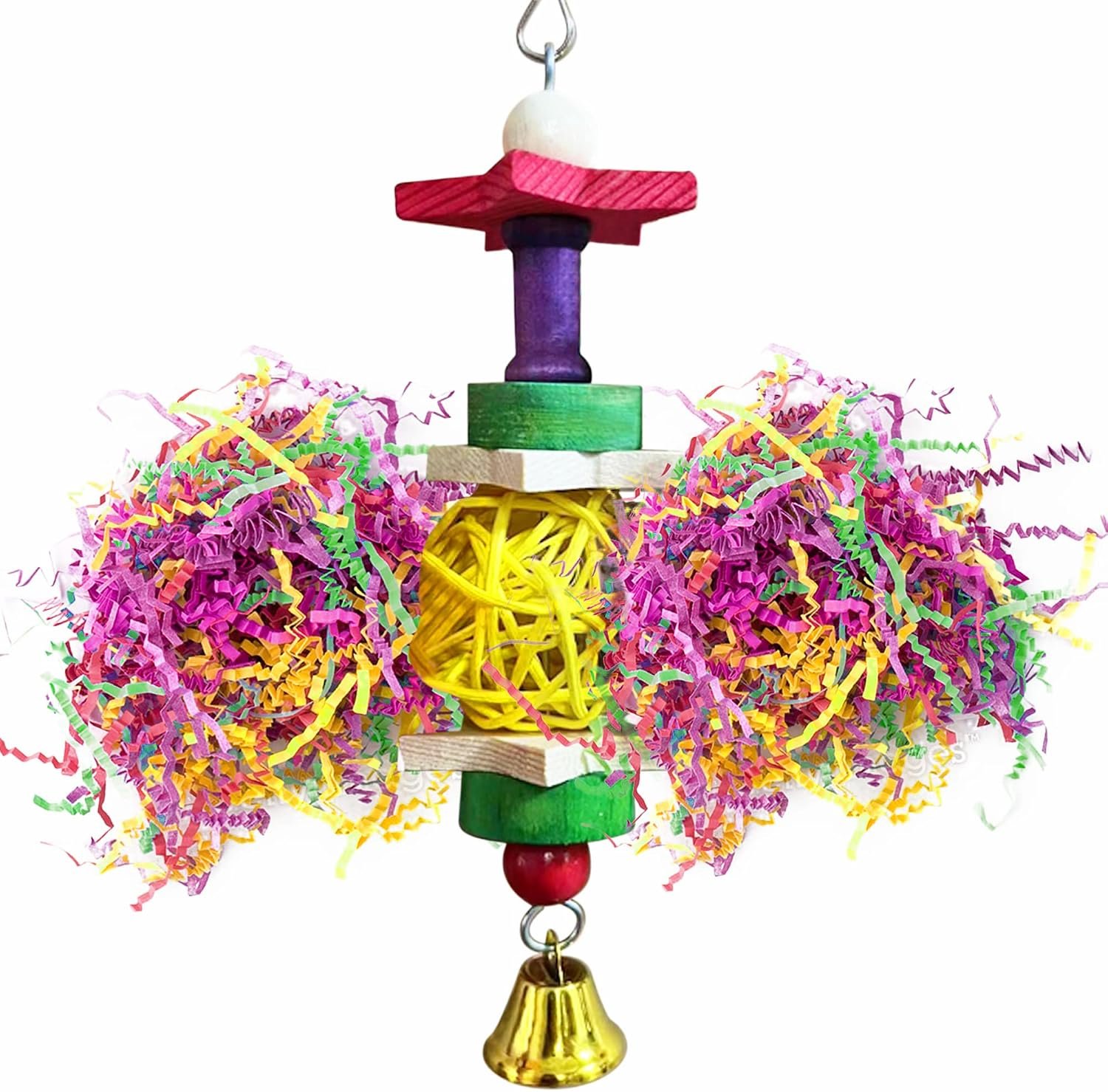 SunGrow Parakeet Toy, Brightly Colored Hanging Toy Made of Rattan, Wood and Shredded Paper, for Small and Medium Parrots, Cockatiels, Lovebirds and Finches (1 Piece)