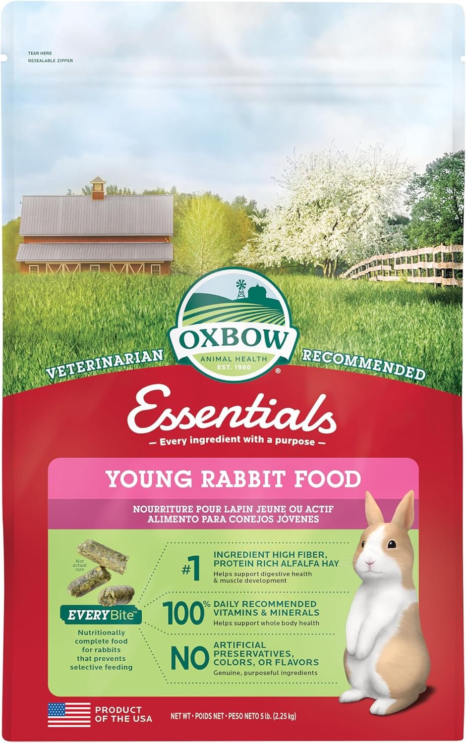 Oxbow Essentials Young Rabbit Food, High-Fiber Rabbit Pellets, USA, 5 lb