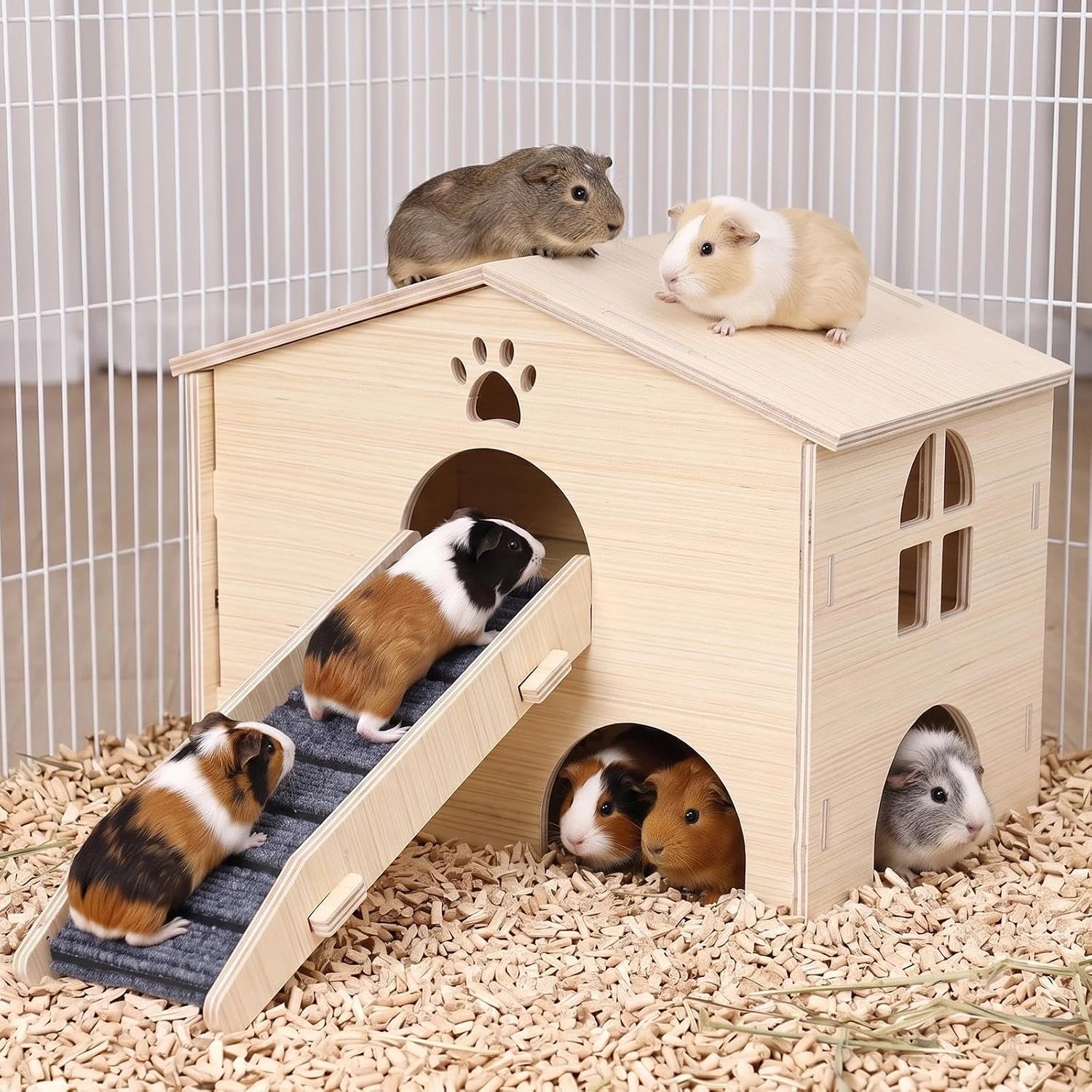 Wooden Guinea Pig Hideout Natural Wood Castle with Two-Ply House & Stairs