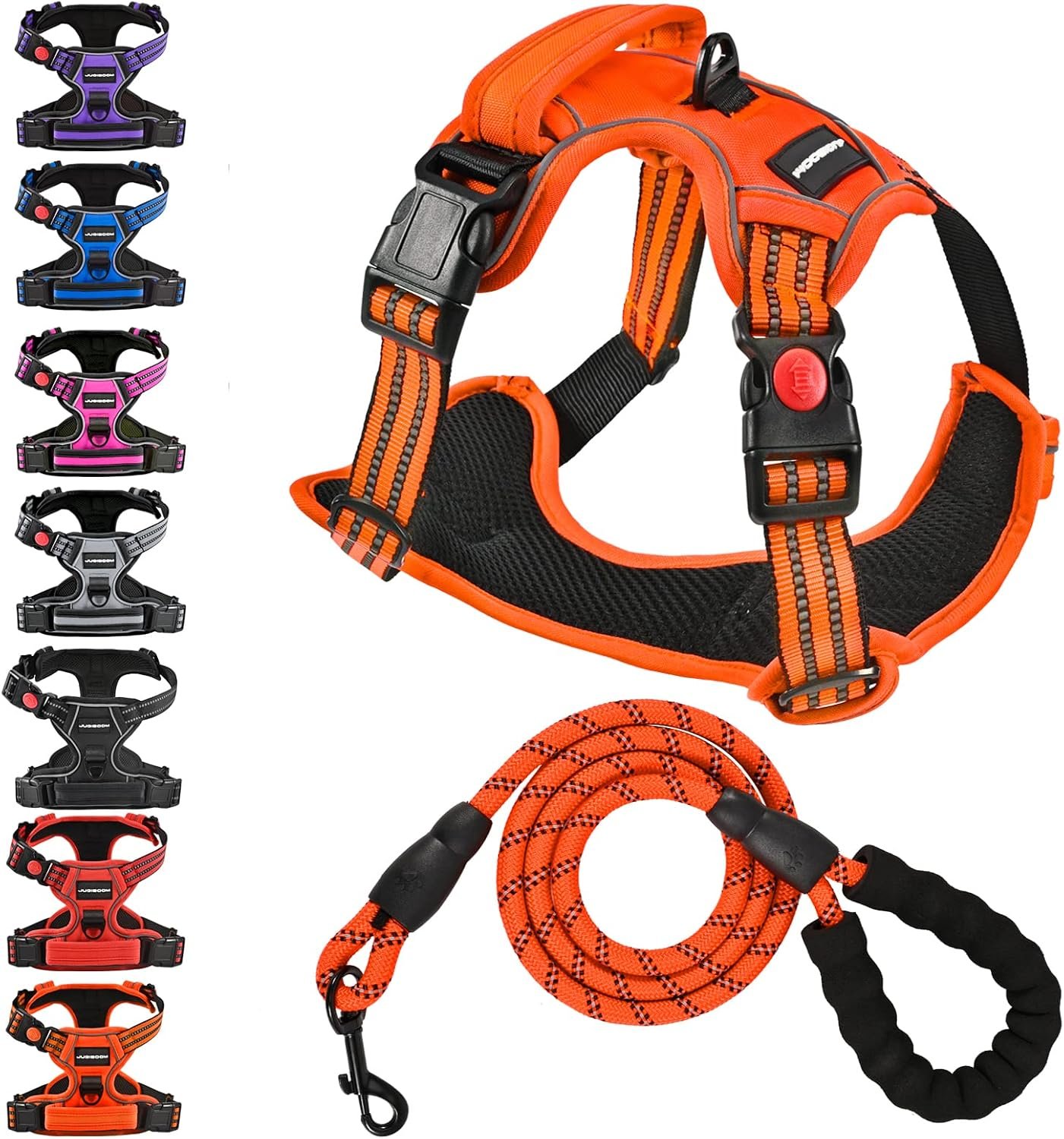 No Pull Dog Harness with Free Heavy Duty 5ft Leash, Adjustable Soft Padded Vest, Reflective No-Choke Oxford Vest with Control Handle for Small and Large Dogs (Orange, Large)