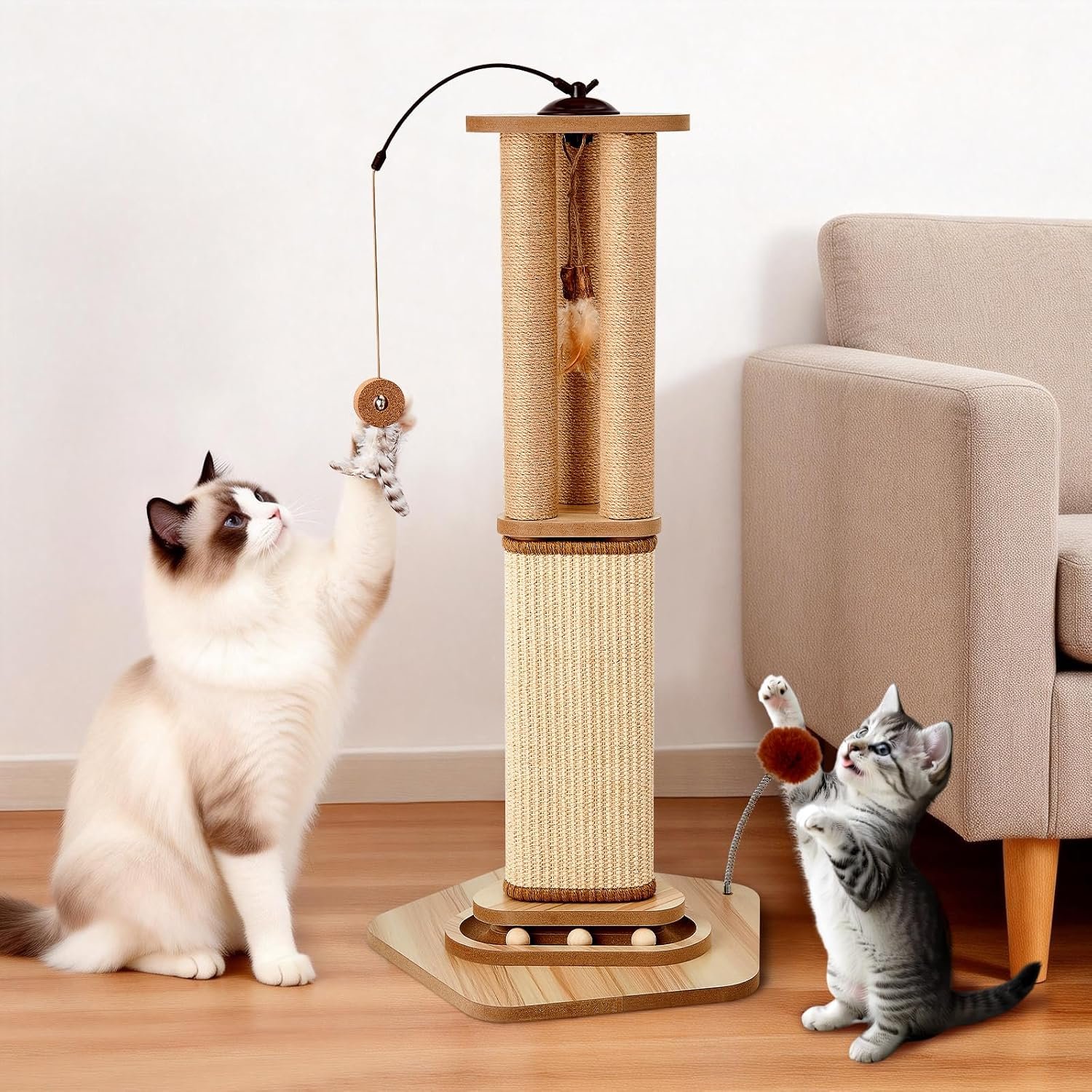 Odoland 34 Inch Cat Scratching Post for Large Cats with 4 Interactive Toys