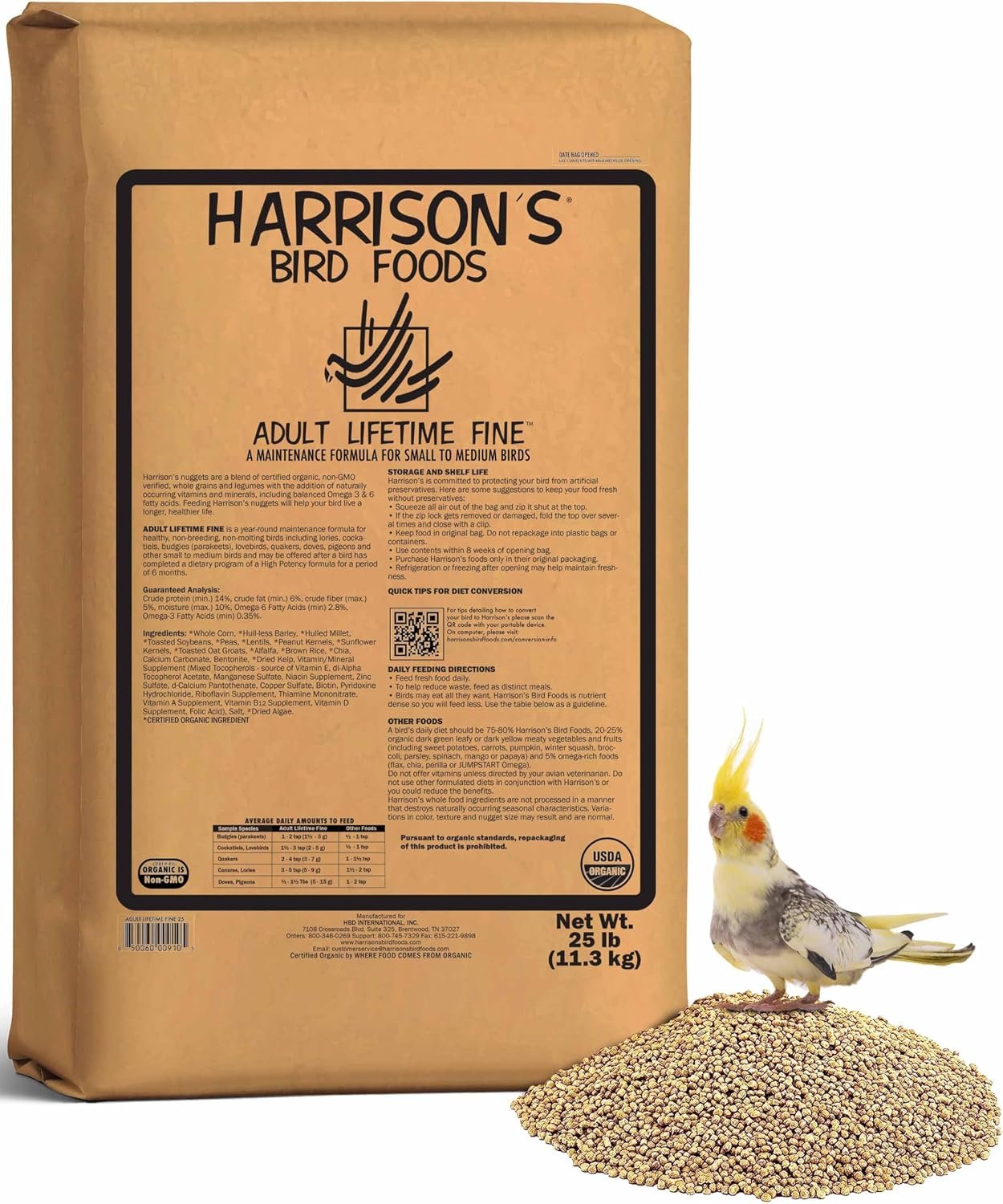 Harrison’s Bird Foods Bird Food Adult Lifetime Fine Certified Organic Non-GMO Formula Bird Food 25lb, 1 Ounce (Pack of 1)