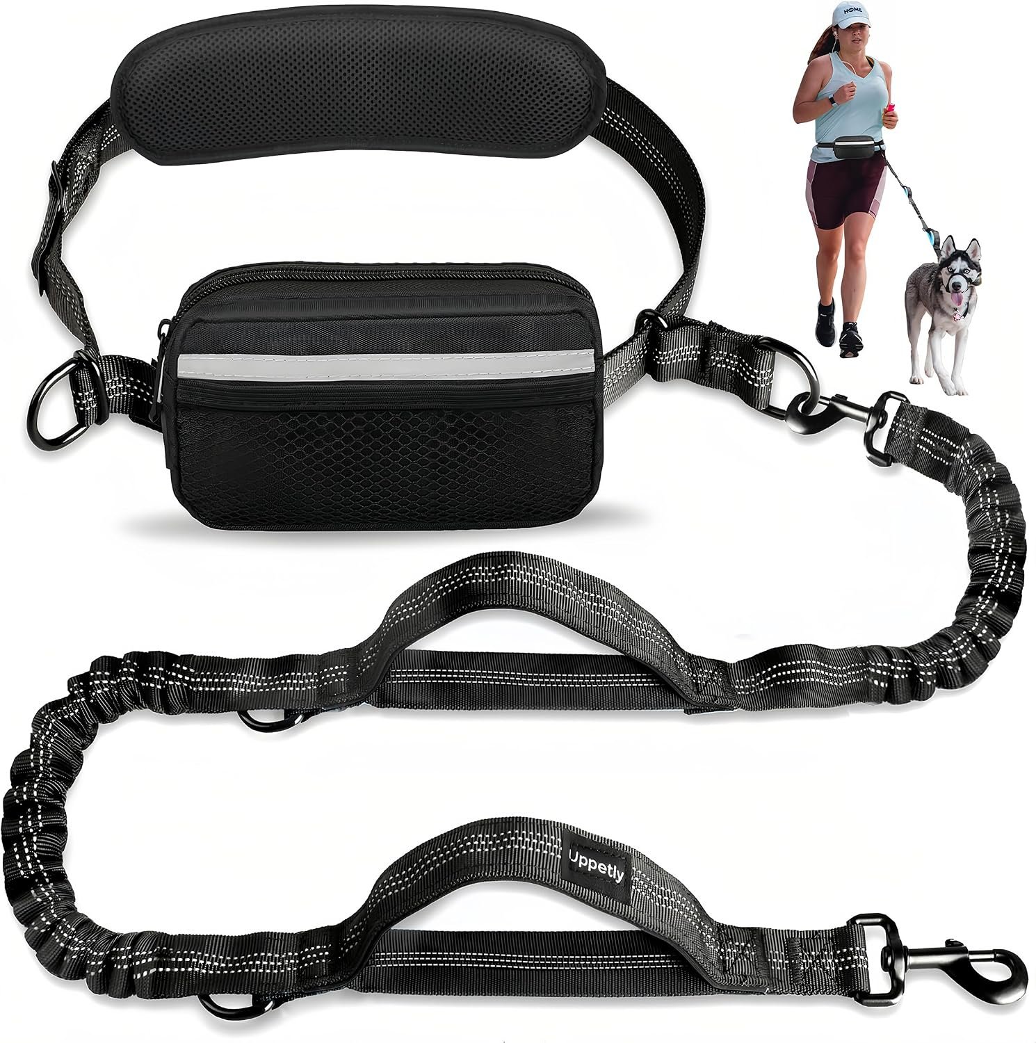 Uppetly Hands Free Dog Running Leash with Zipper Pouch, Dual Padded Handles, Elastic Bungees Retractable Rope for Large Dog, Adjustable Waist Belt, Reflective Stitches for Walking (Black, 25-120lb)