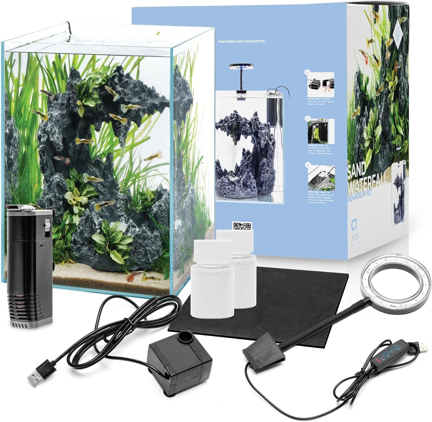 Aqua Worx Sand Waterfall Tank Kit – Silent Operation Falling Sand Fish Tank w/LED Light and Self Cleaning Filtration – Desktop Rimless Starter Aquarium Kit, Just Add Plants – 9.51GAL | 36L (C1)