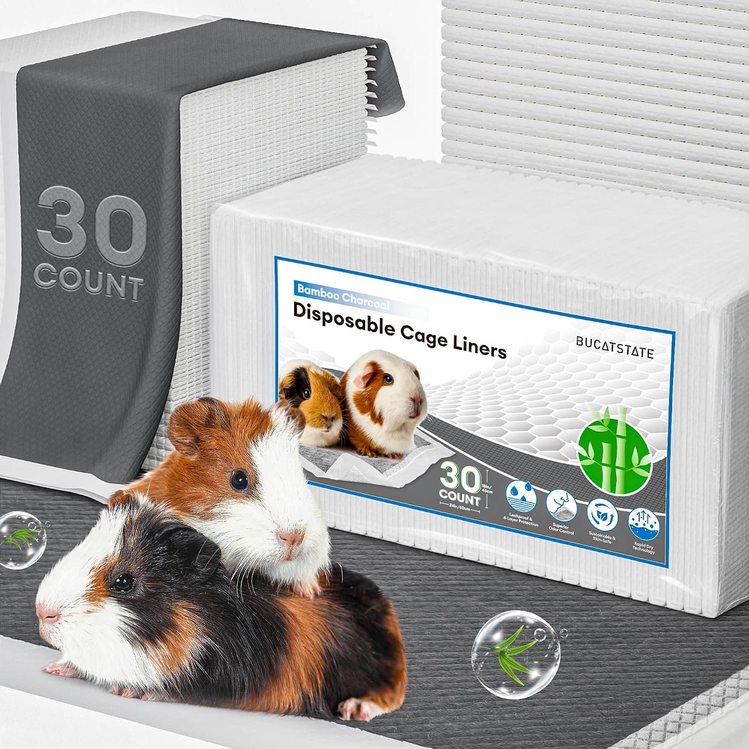 BUCATSTATE Disposable Guinea Pig Cage Liners 30 Count, Super Absorbent Guinea Pig Bedding, Bamboo Charcoal Odor Control Pee Pads for Rabbits, Ferrets and Birds (18”x24”)