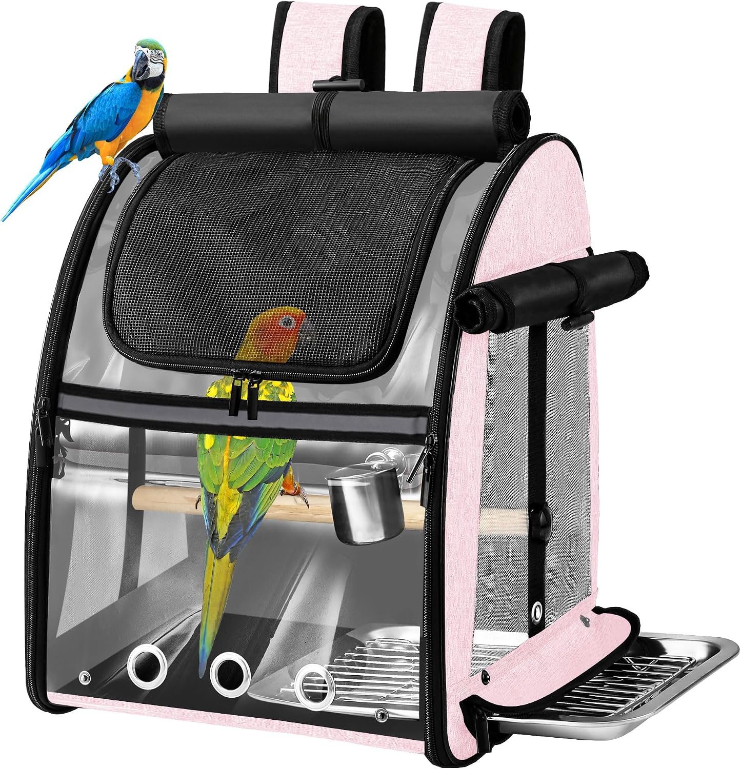 Bird Carrier Bag with Indestructible Stainless Steel Mesh, Bird Travel Cage with Stand, Easy to Clean Backpack for Parrot, Portable Bird Travel Bag, Pink