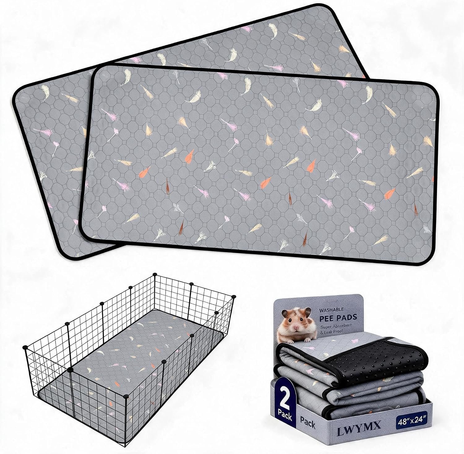 2Pcs Guinea Pig Cage Liners,Guinea Pig Fleece Cage Liners24”X48” Super Absorbent Washable Pee Pads Reusable for Rabbit Hamster Chinchilla