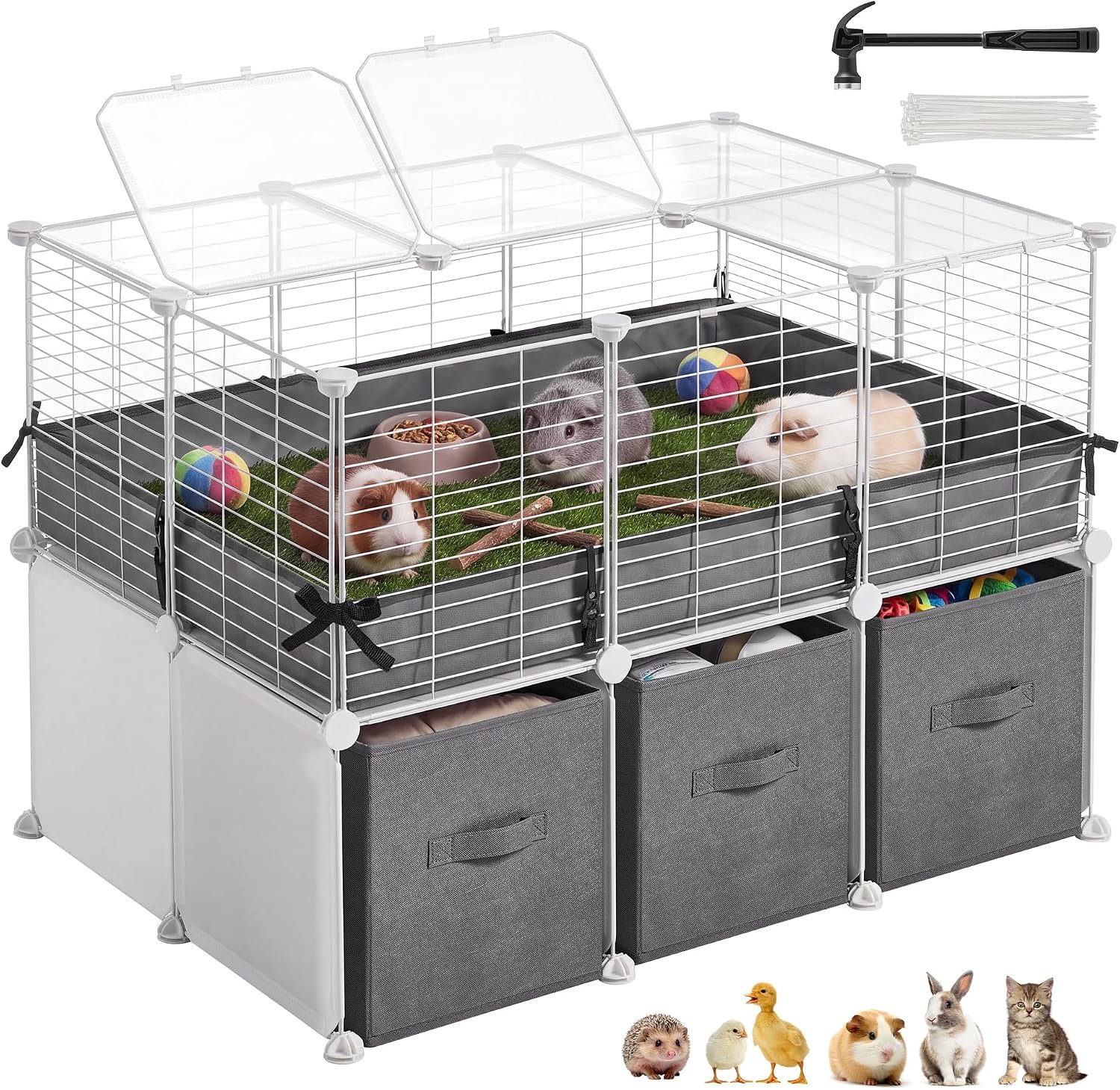 SONGMICS Guinea Pig Cage, 2-Tier with 3 Storage Boxes