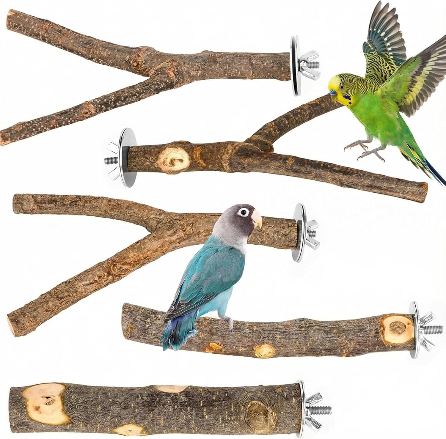 5 Pcs Natural Wood Bird Perch Stand Set for Bird Cages
