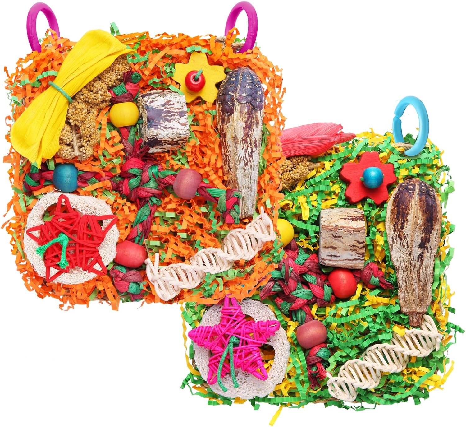 Bird Toys for Small & Medium Parrots – Natural Foraging & Shredding Cage Hanging Toys with Seagrass Mat, Starfruit, Loofah Slices for Budgies, Cockatiels, Lovebirds, Conures (2 PCS)