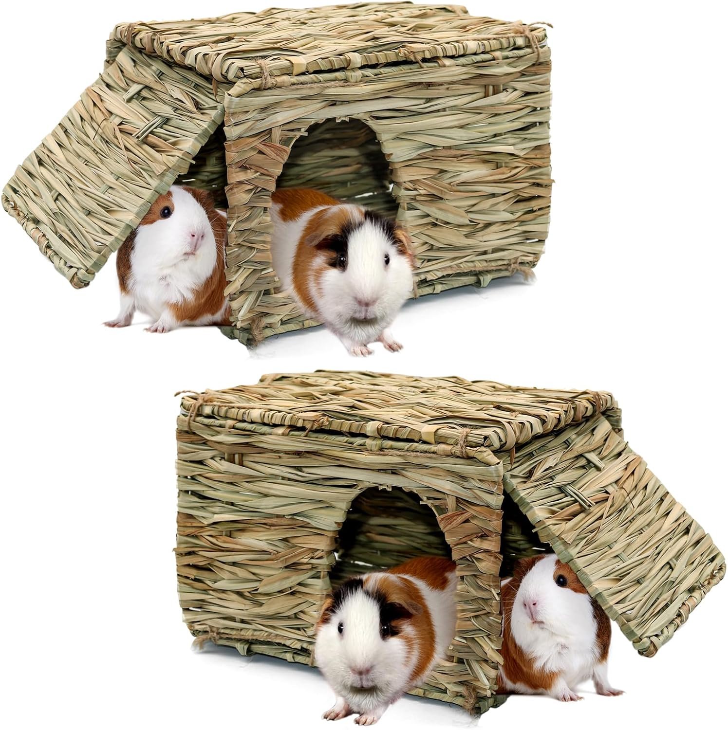 BWOGUE Large Guinea Pig Grass House, Guinea Pig Hideout 2 Pack Straw Hut