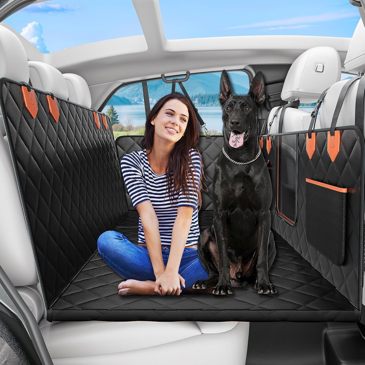 IJVAE Dog Seat Cover for Back Seat, Hard Bottom Back Seat Extender Holds 500 lbs, Waterproof & Nonslip Car Hammock for Large Pets, Comfortable Travel Seat Protector for SUV and Sedan