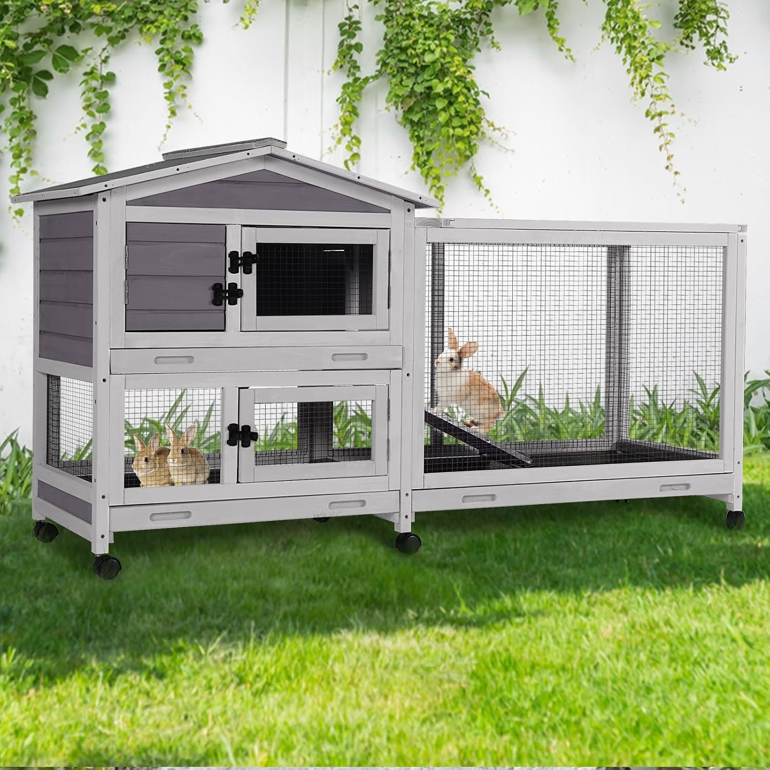 GUTINNEEN Large Rabbit Hutch Indoor with Chew-Proof Ramp, 62″ L Wooden Rabbit Cage with 6 Casters, Bunny Cage with 2 Trays and 2 Story for Small to Medium Animals (Grey)