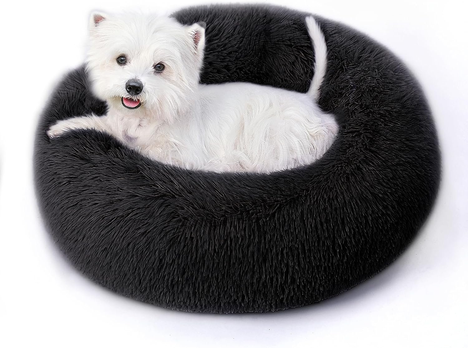 Calming Round Dog Bed & Cat Bed for Indoor Cats, Medium Size Washable Anti-Slip Anti-Anxiety Donut Dog Beds for Small Dogs & Cats, Fluffy Plush Soft Dog Bed(20 Inch, Black)