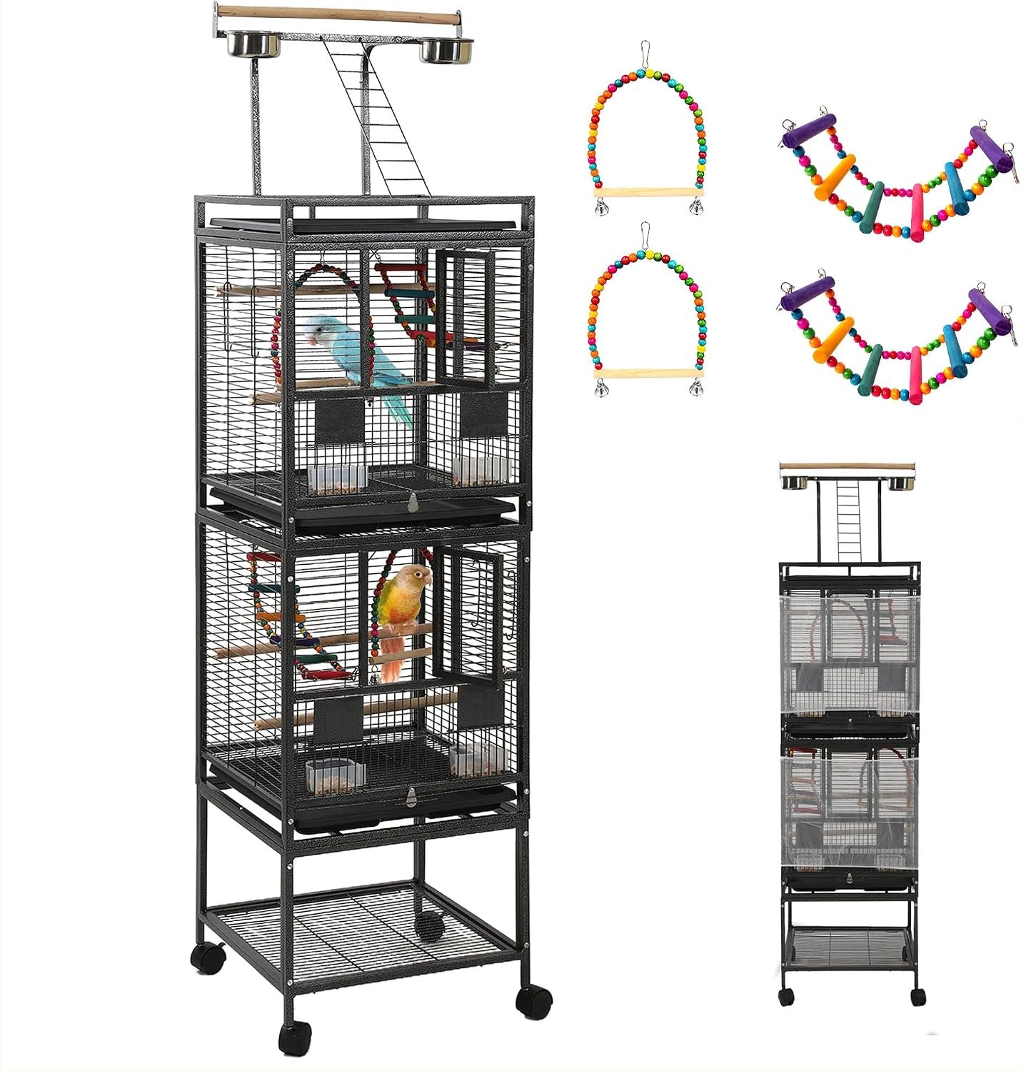 68″ Double Bird Cage,Stackable Divided Parakeet Cage, Parrot Cages for Medium Birds with Bird cage Toys,Birdcage Seed Catcher,for Cockatiels Canaries Lovebirds Finches Budgies Small Parrots
