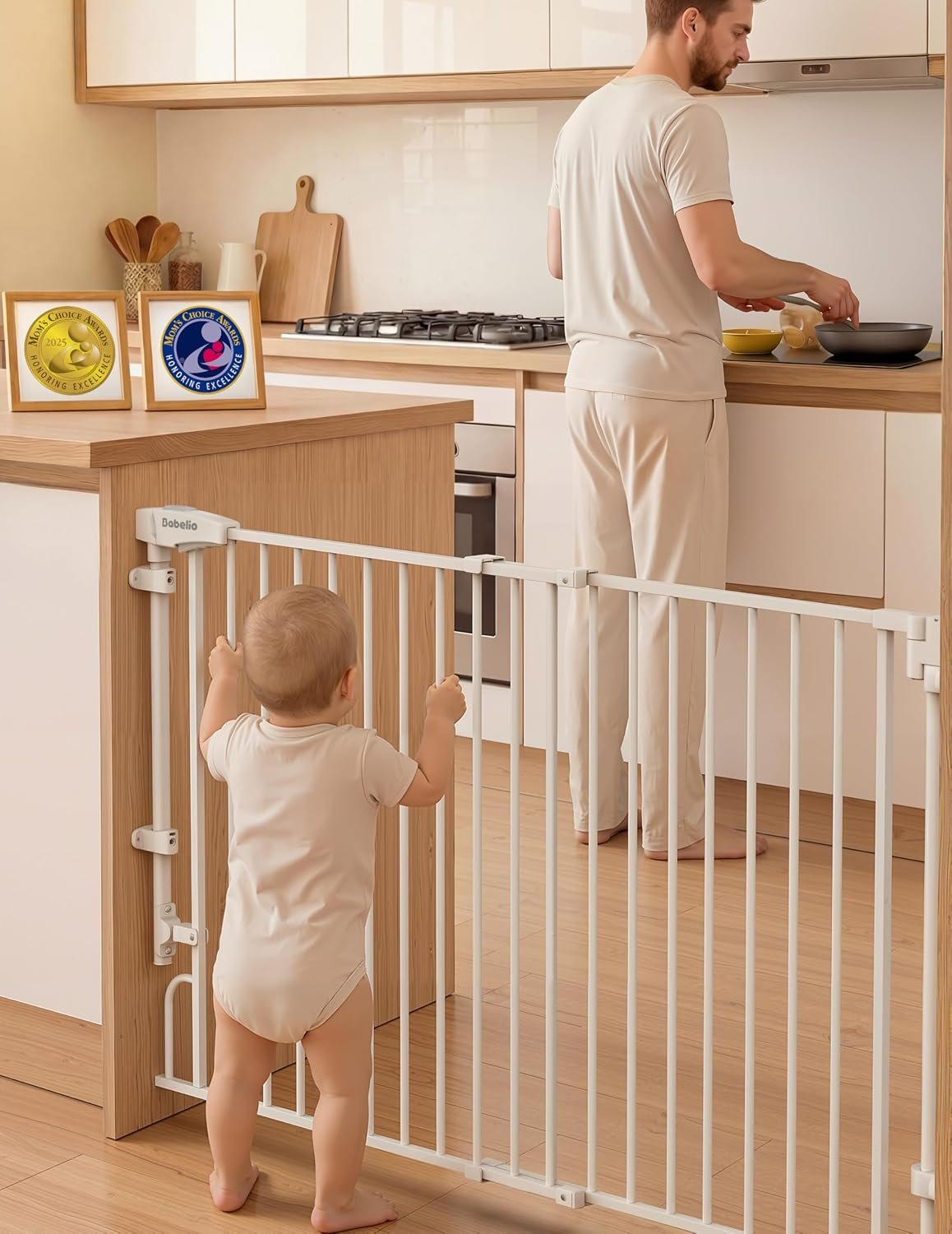Babelio Removable & No Bottom Bar Baby Gate, 35.5-55″ Hardware Mounted (Drill Needed)| Wide Walk-Thru| Auto-Close Safety Dog/Pet Gate for Stairs & Doorways (White, 35.5-55″ W, 30″ H)