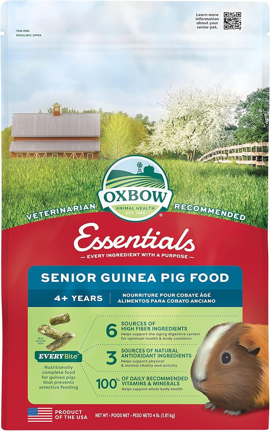 Oxbow Essentials Senior Guinea Pig Food, Uniform Guinea Pig Pellets, 4 lb