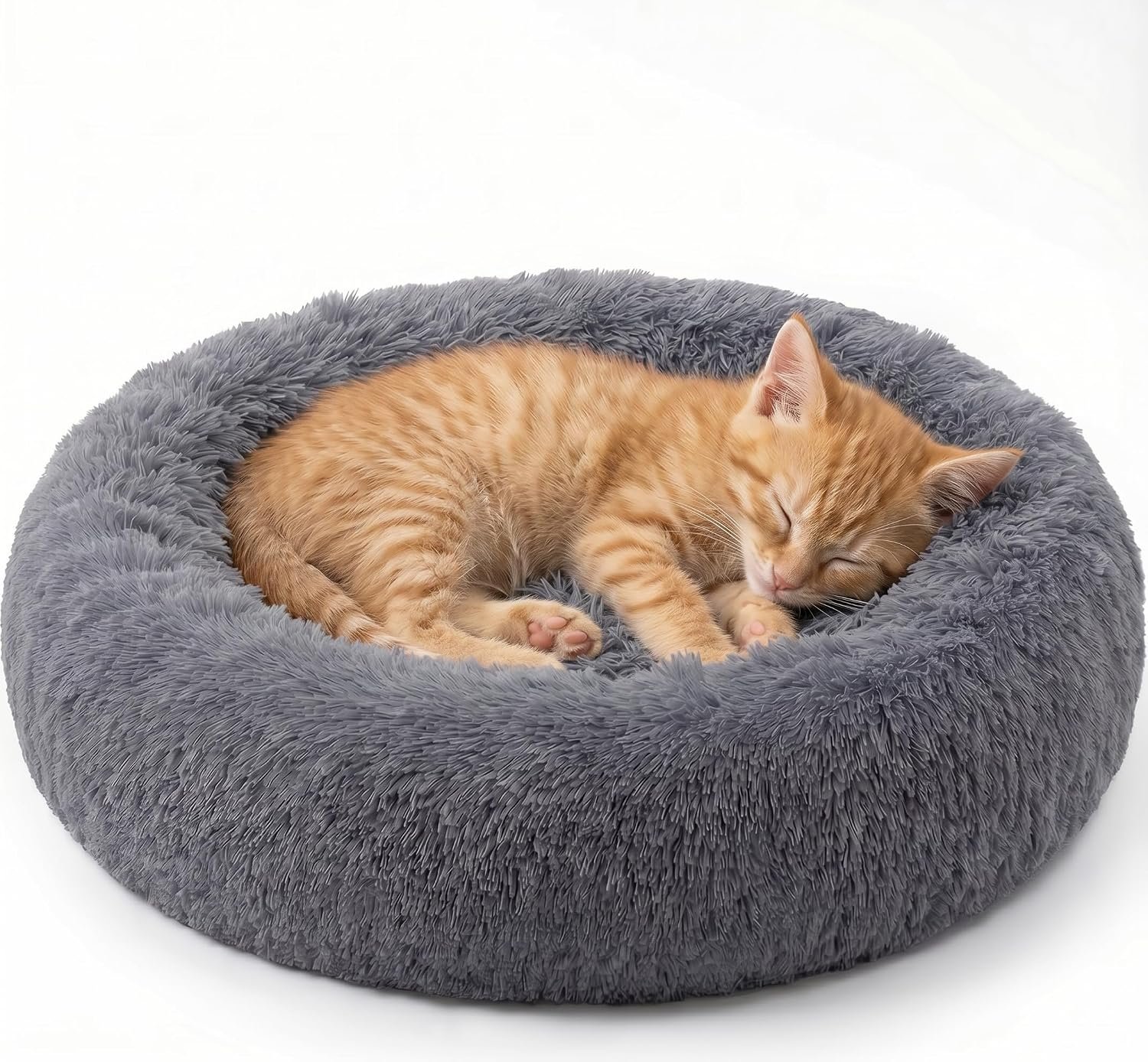 SAVFOX 20 inches Calming Donut Dog Bed – 3X Durable Plush Faux Fur, Machine Washable & Non-Slip, Fits up to 15 lbs, Dark Grey