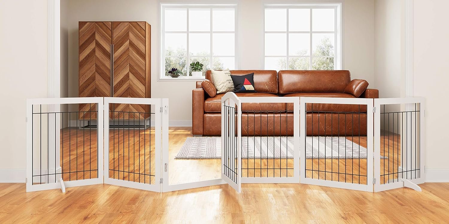 PAWLAND Dog Gate Indoor with Door, Freestanding, Foldable, 144″ Wide, 30″ H