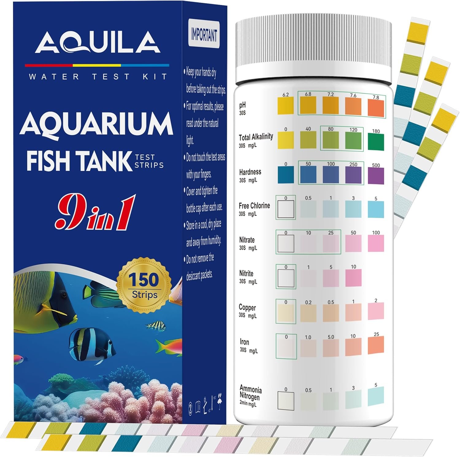 Aquarium Water Test Kit 9-in-1, Aquarium Ammonia Test Strips for Fish Tanks