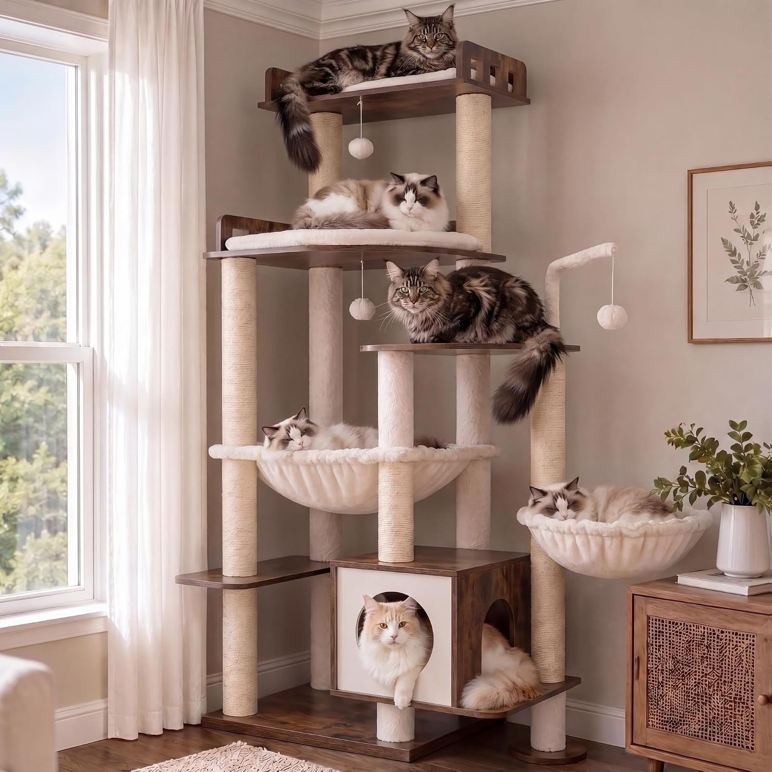 Heybly Cat Tree, 70.5″ Wood Tall Cat Tower for Large Indoor Cats HCT121SR