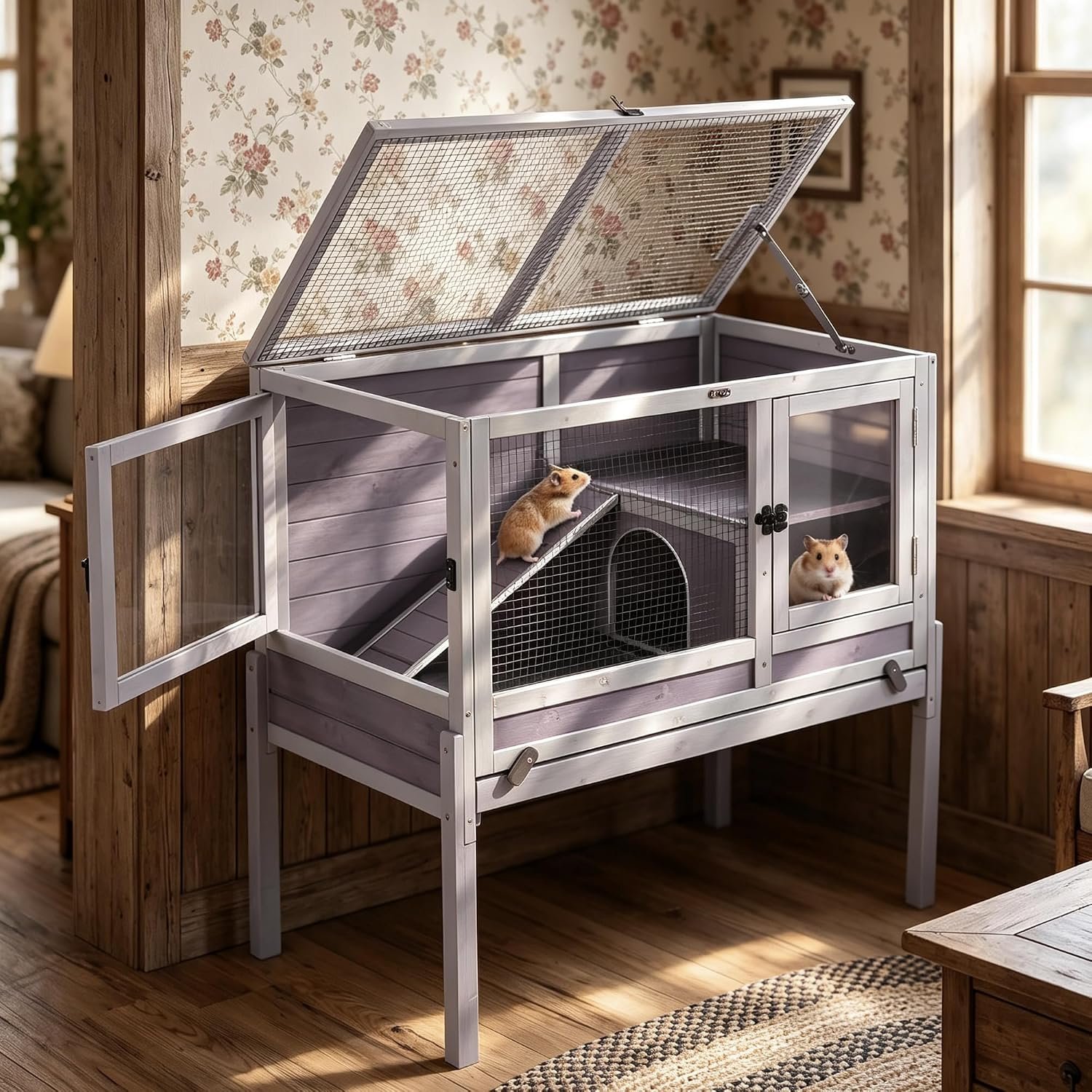 Wooden Guinea Pig Cages Indoor,Two-Story Wooden Rabbit Cage Hutch with Removable Stand and Pull Out Tray, Small Animals Cage Habitat with Ramp and Plastic Mesh(Grey&Purple)