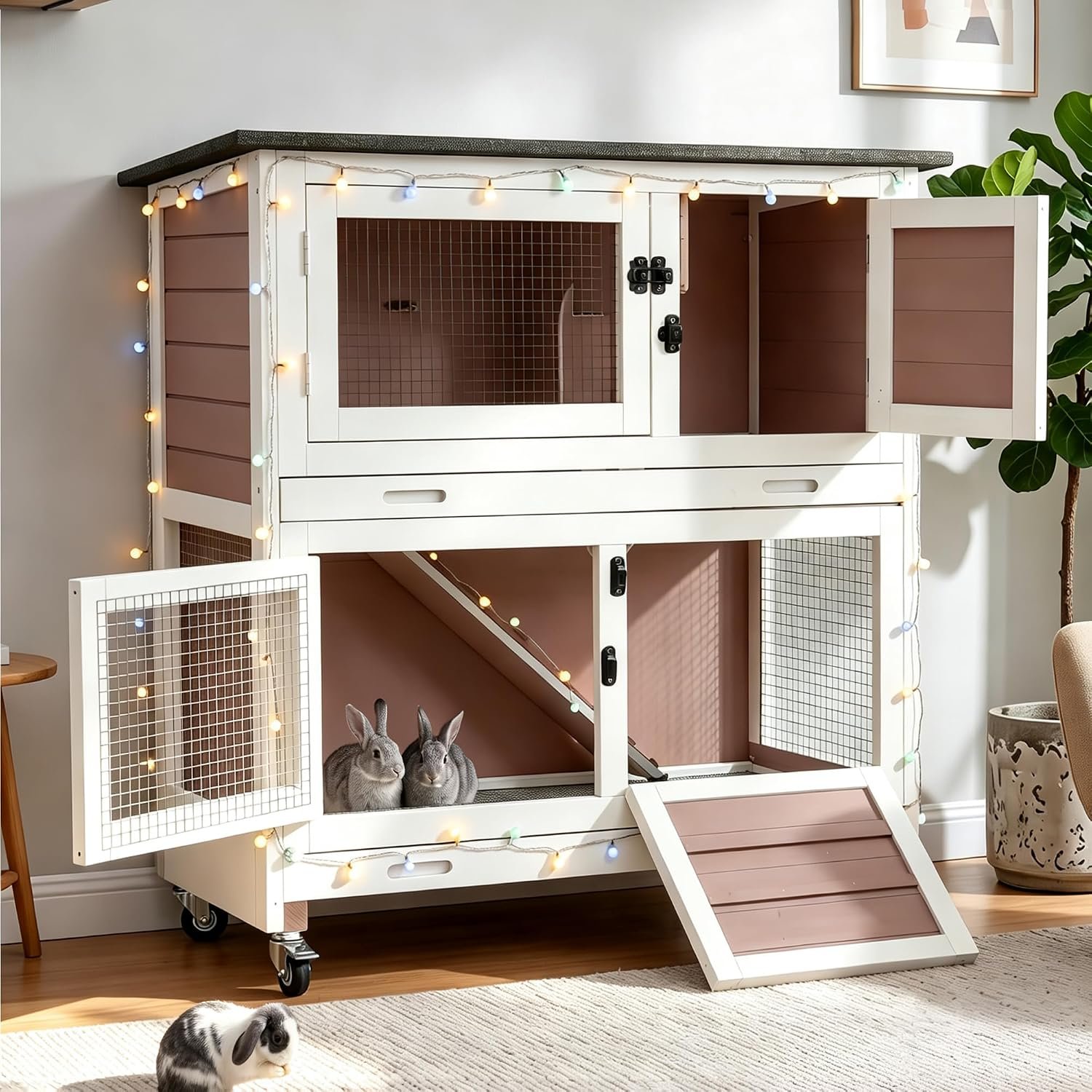 Suumerpety 36″ 2-Story Wooden Rabbit Hutch with Chew-Proof Ramp, Double Leak-Proof Pull-Out Trays & 4 Lockable Wheels, Indoor Outdoor Bunny Cage for Rabbits & Guinea Pigs (Brown)