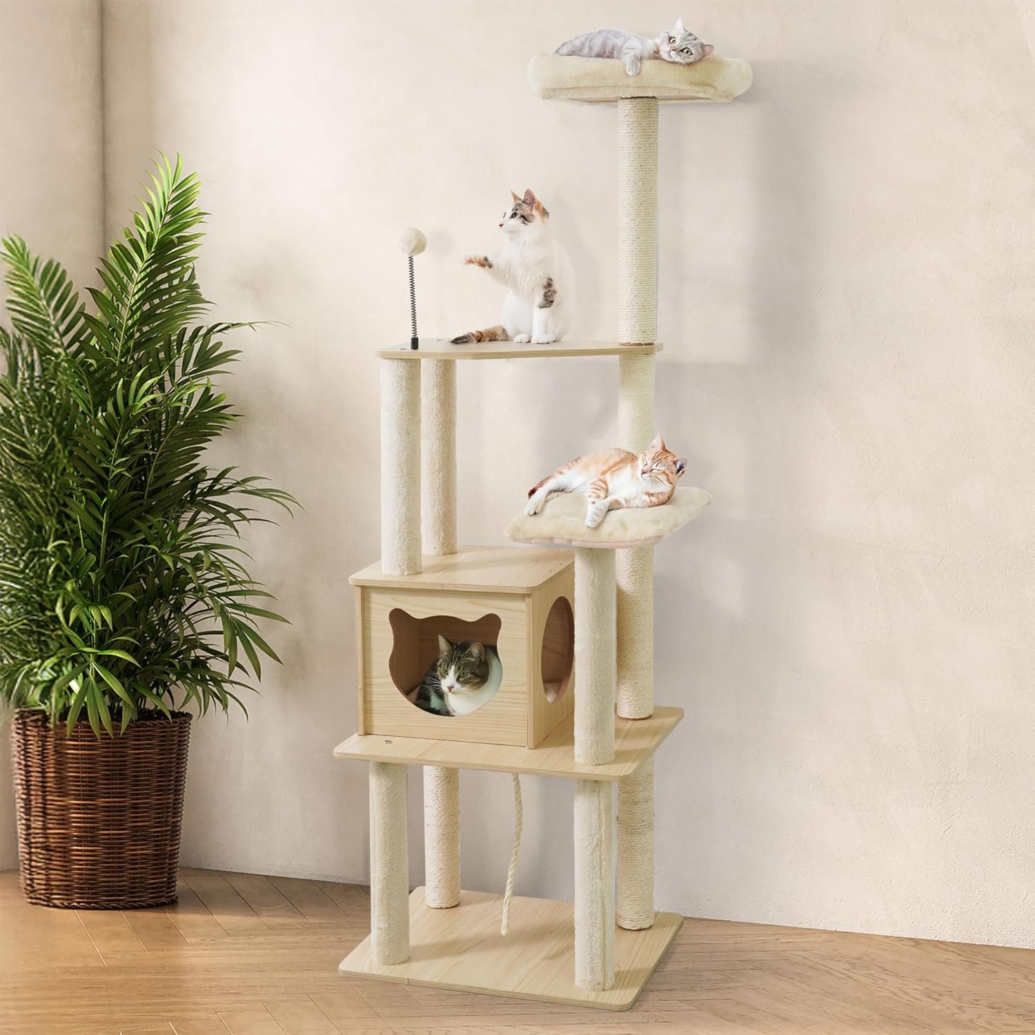 BOWHAUS 65-Inch Wooden Cat Tree for Indoor Cats, Modern Multi-Level Cat Tower with Top Perch, Cat Condo, Sisal Scratching Posts, Detachable Cushion, Interactive Plush Ball, Stable Wood Cat Furniture