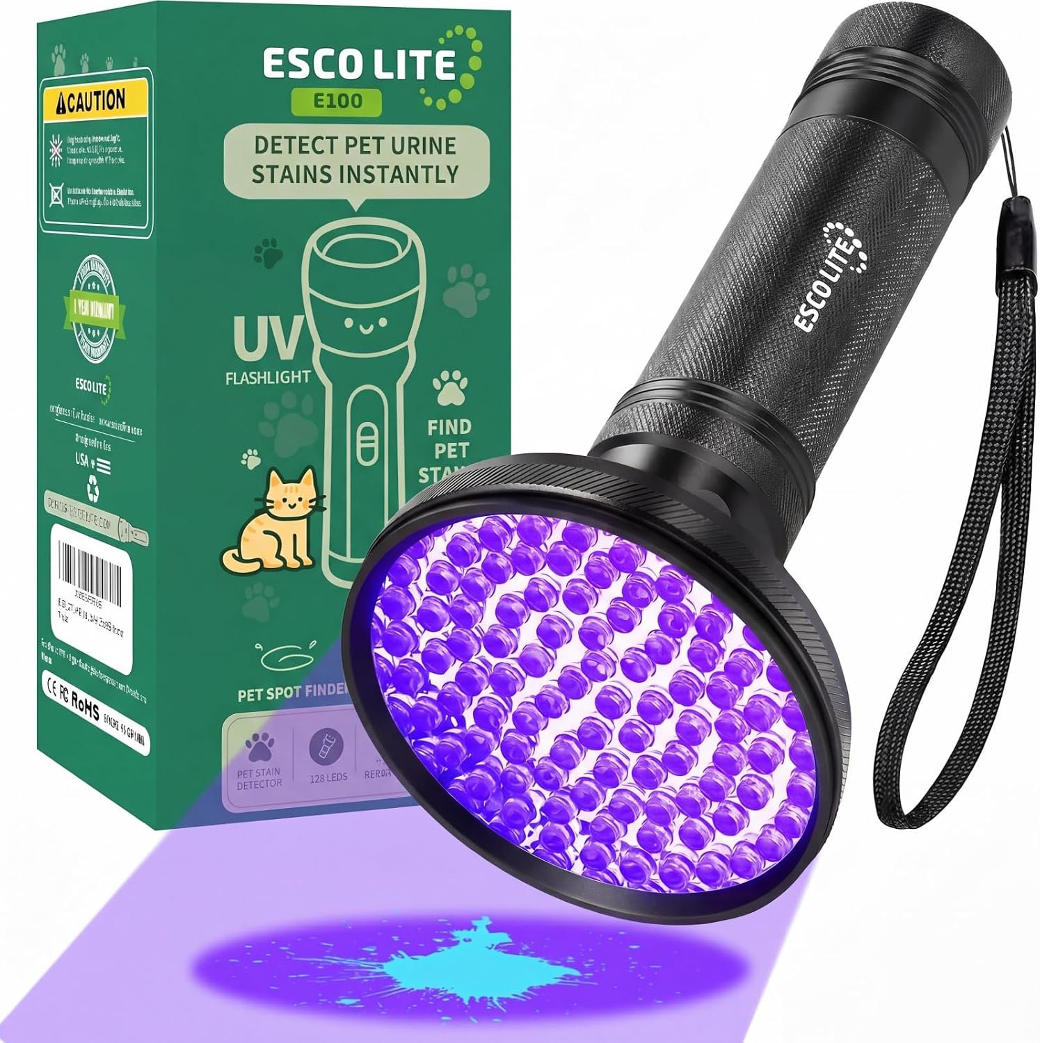 ESCO LITE UV Flashlight Black Light, 100 LED 395 nM Ultraviolet Flashlights UV Blacklight Detector for Dog Urine, Pet Stains