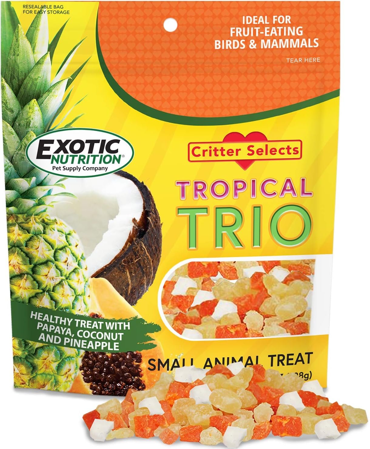 Tropical Trio – Healthy Natural Mixed Dried Fruit Treat – Papaya, Coconut, Pineapple – for Sugar Gliders, Squirrels, Prairie Dogs, Skunks, Marmosets, Parrots, Birds, Rats, Small Pets (4.5 oz.)