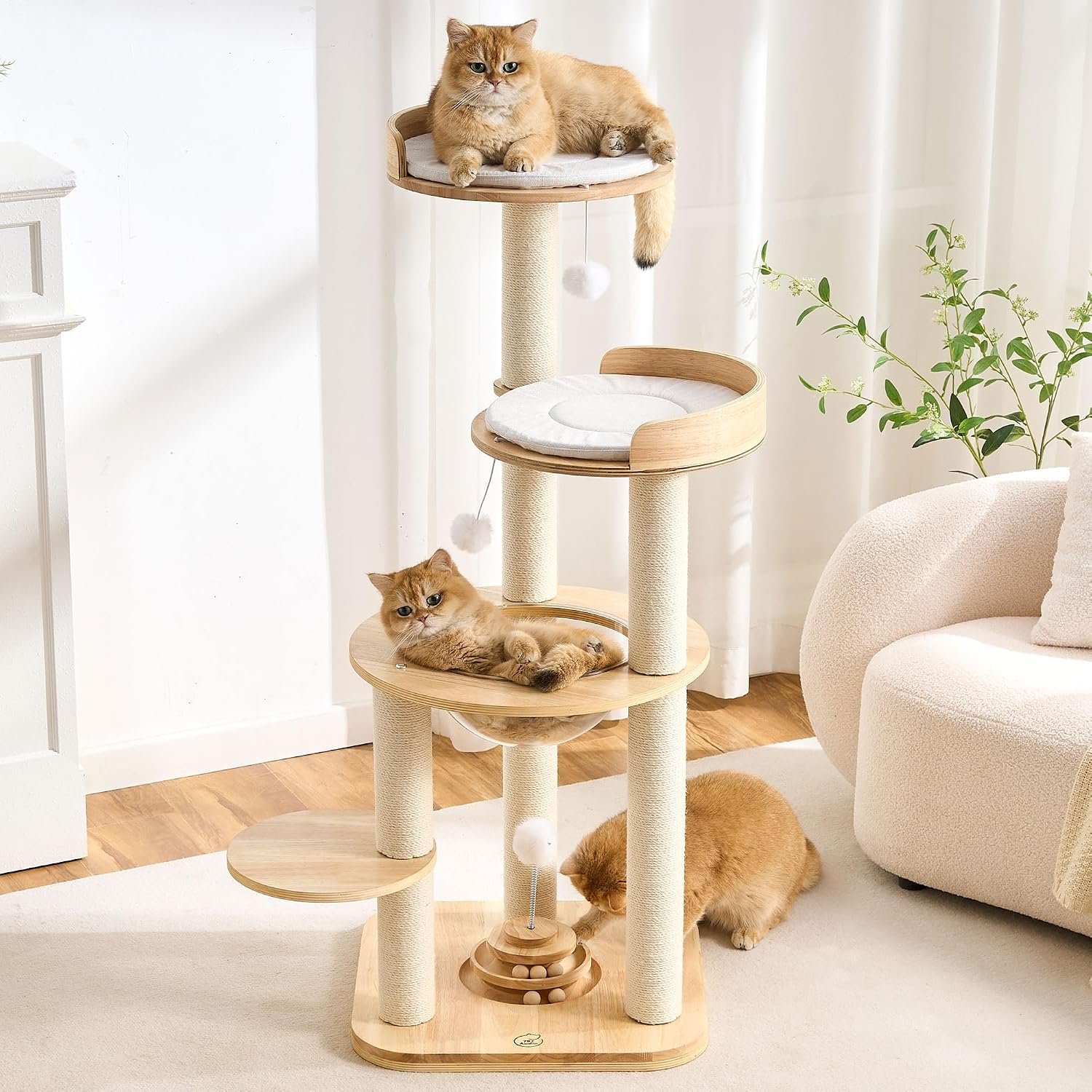 797Audio Modern Solid Wood Cat Tree Tower, 49″ Tall Cat Tree with Sisal Scratching Posts and Capsule for Adult Cats, Natural Oak Wooden Cat Tower,Aesthetic Multi-Level Cat Climbing Tree for Indoor Cat