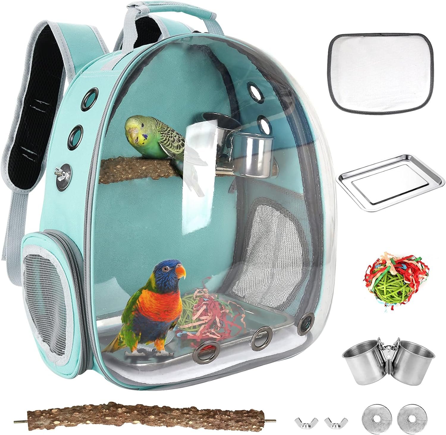 Bird Carrier Backpack with Perch, Travel Bird Cage for Parrot Cockatiel Parakeet Budgies, Portable Transparent Breathable Mesh Small Pet Travel Bag with Easy to Clean Stainless Steel Tray Food Bowls