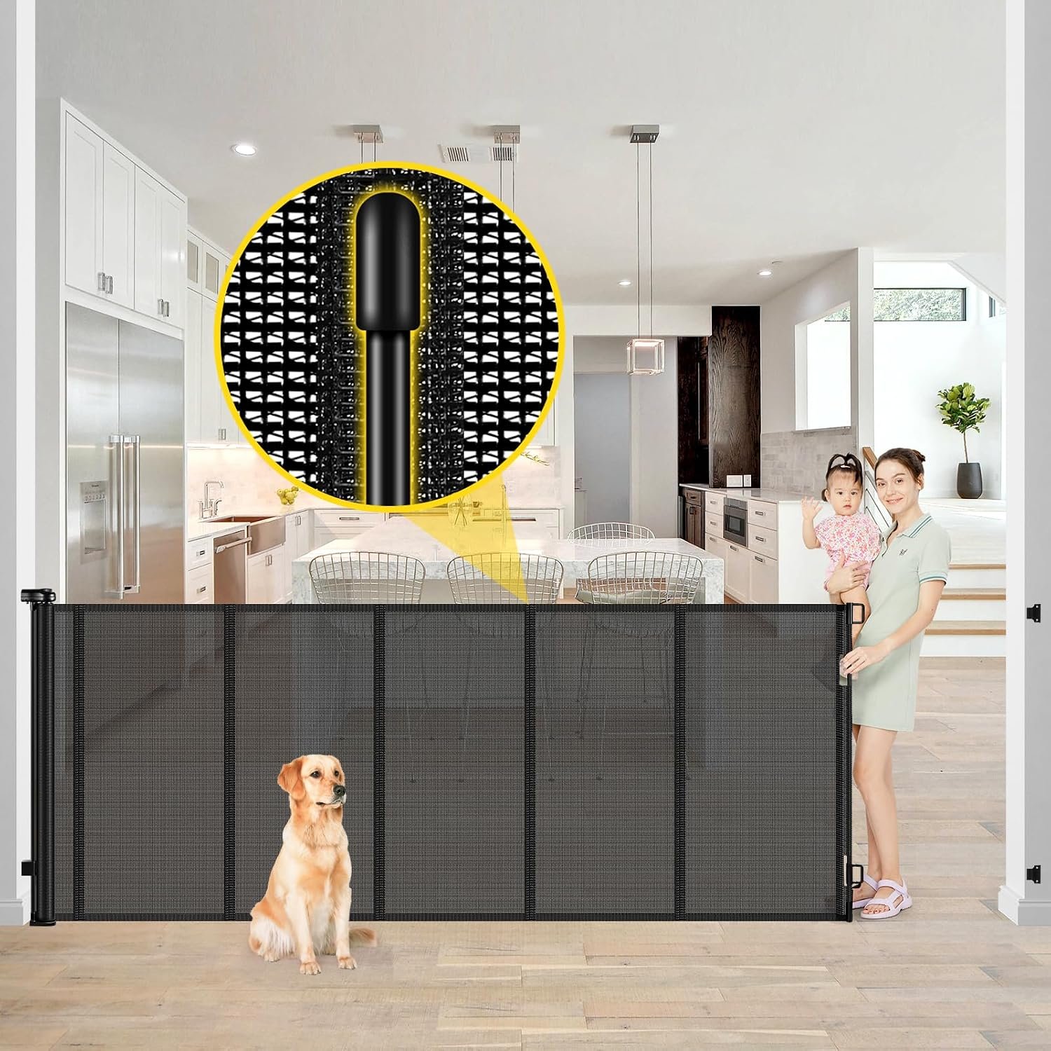 Reinforced 42″ Extra Tall x 80″ Wide Retractable Baby Gates with Rods